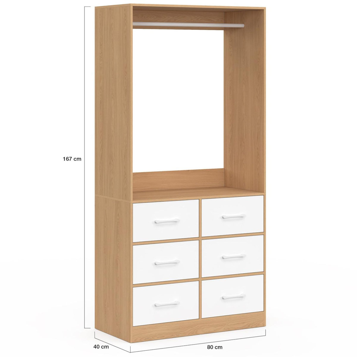 ID MARKET Dressing penderie L. 80 cm UPPAH avec 6 tiroirs bois façon hêtre et blanc