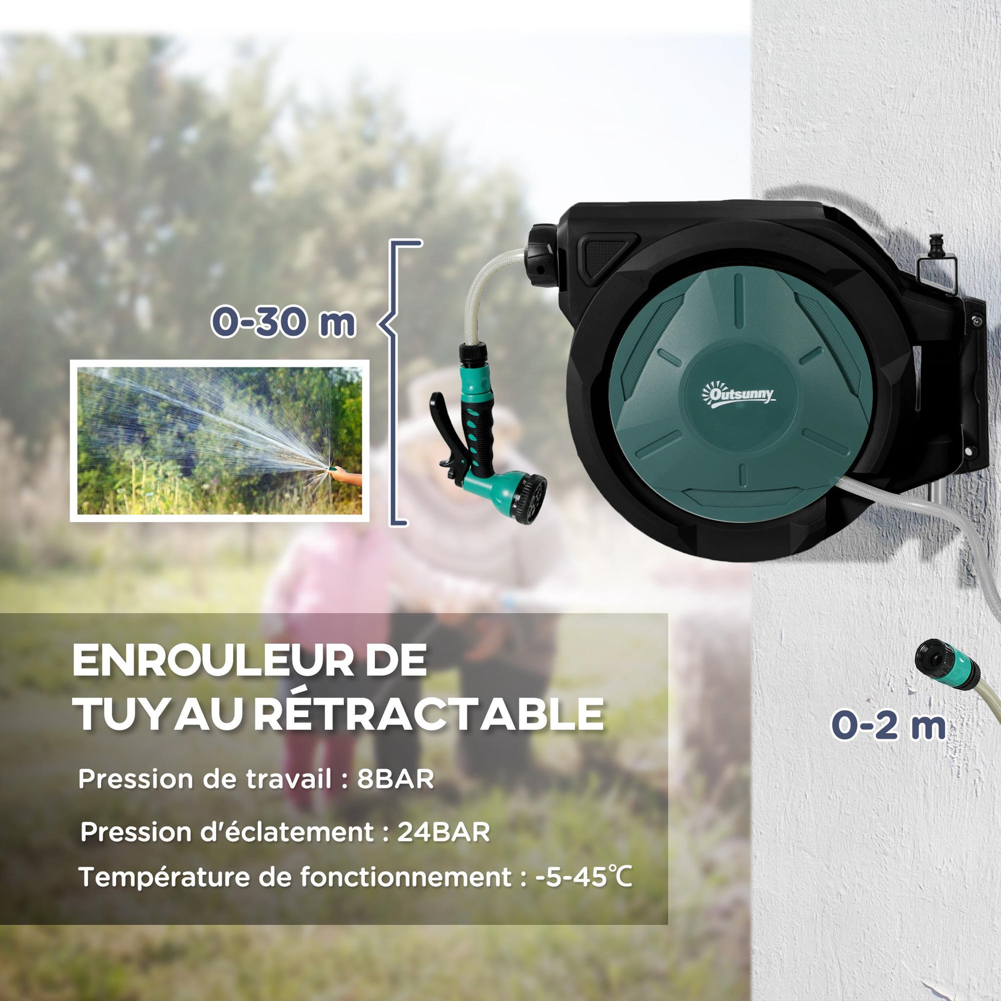 Voir la diapositive 4 : OUTSUNNY Dévidoir mural enrouleur automatique pivotant 180° tuyau 30 + 2 m avec lance arrosage 7 modes support mural intégré vert noir