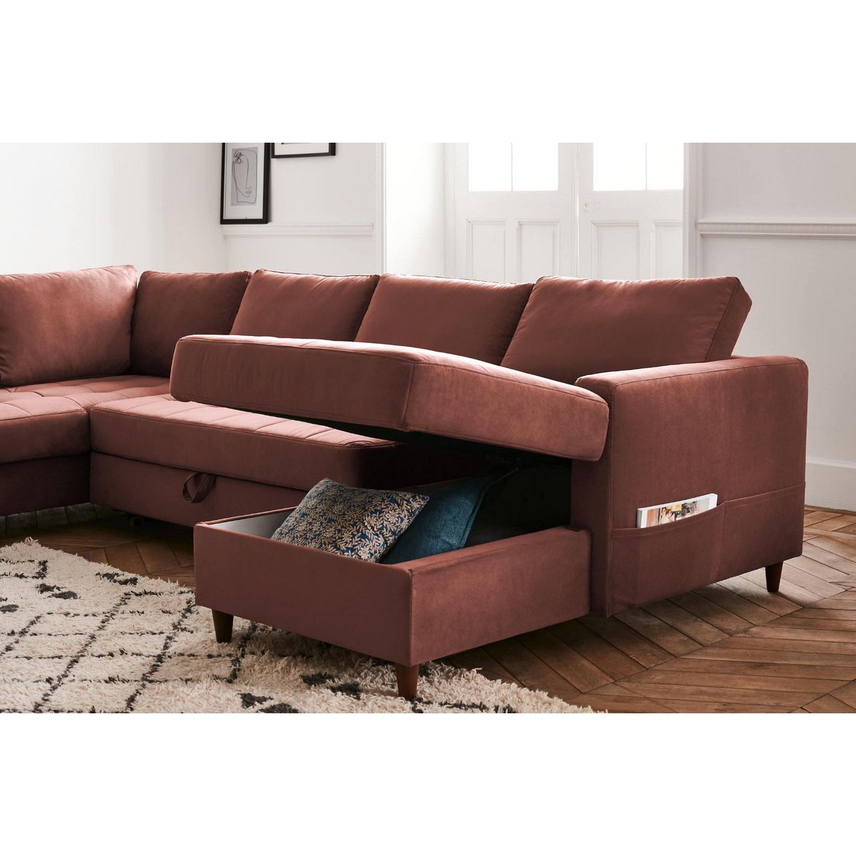 LISA DESIGN Anna - canapé panoramique d'angle gauche - 7 places - convertible avec coffre - en velours