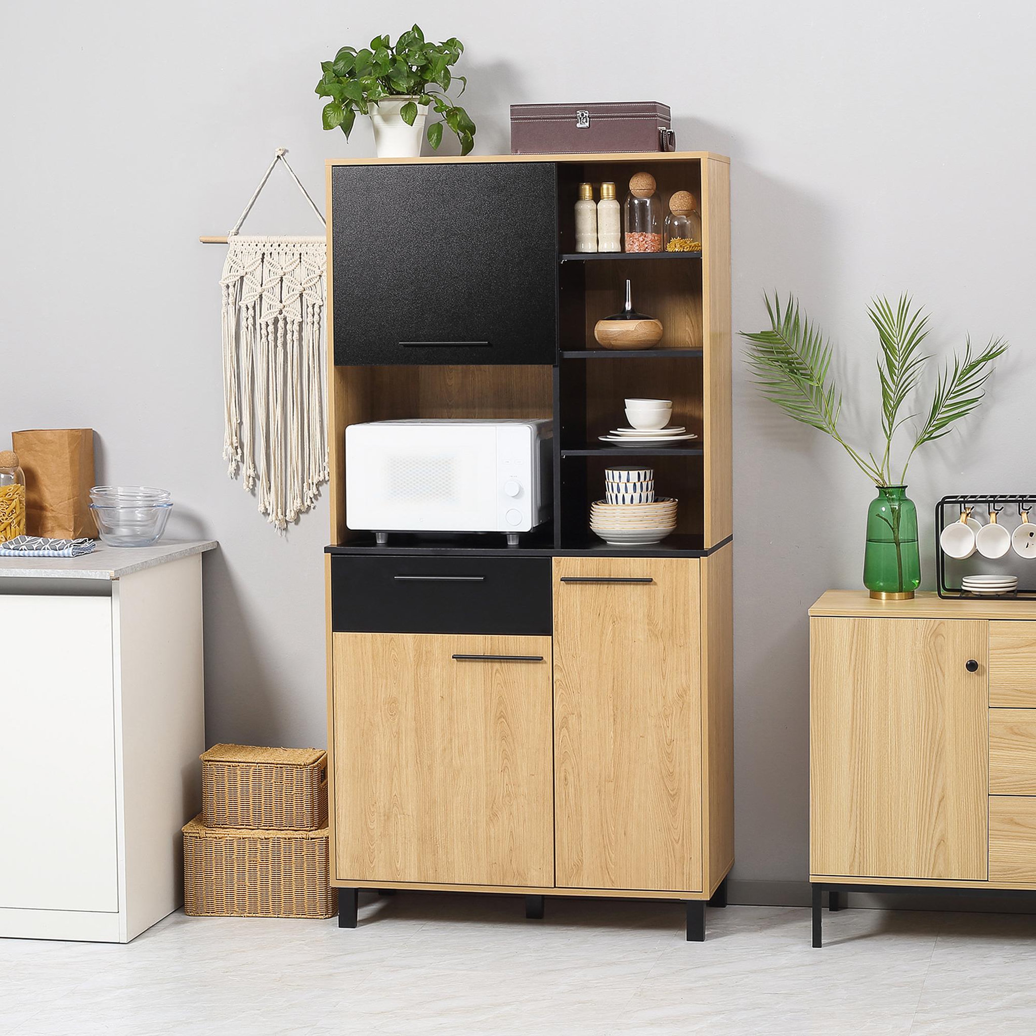 Voir la diapositive 2 : HOMCOM Buffet haut multi-rangement 3 portes tiroir 5 niches bicolore aspect bois clair noir