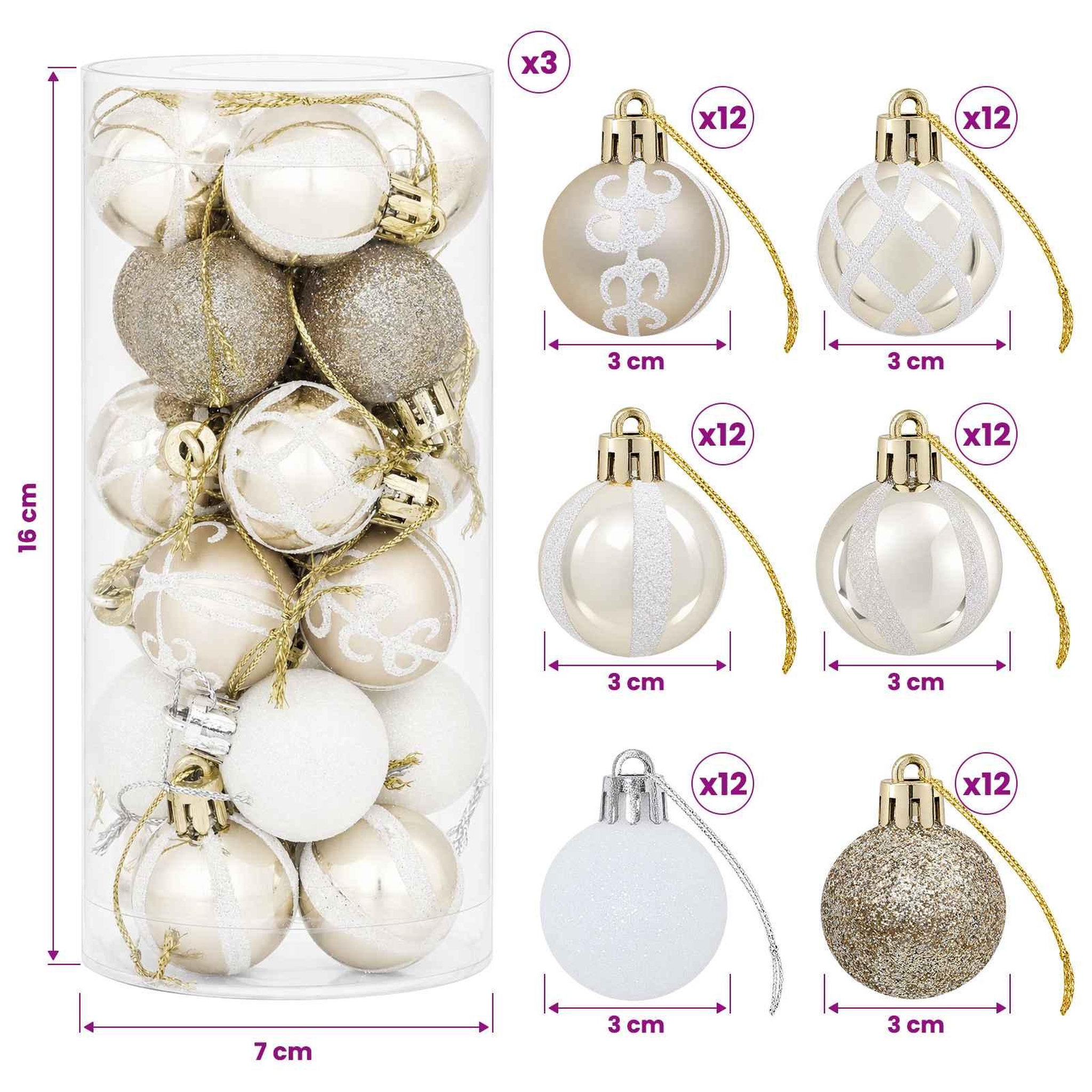 Voir la diapositive 3 : VIDAXL Ensemble de boules de Noël 72 pc Champagne et blanc Diam. 3 cm