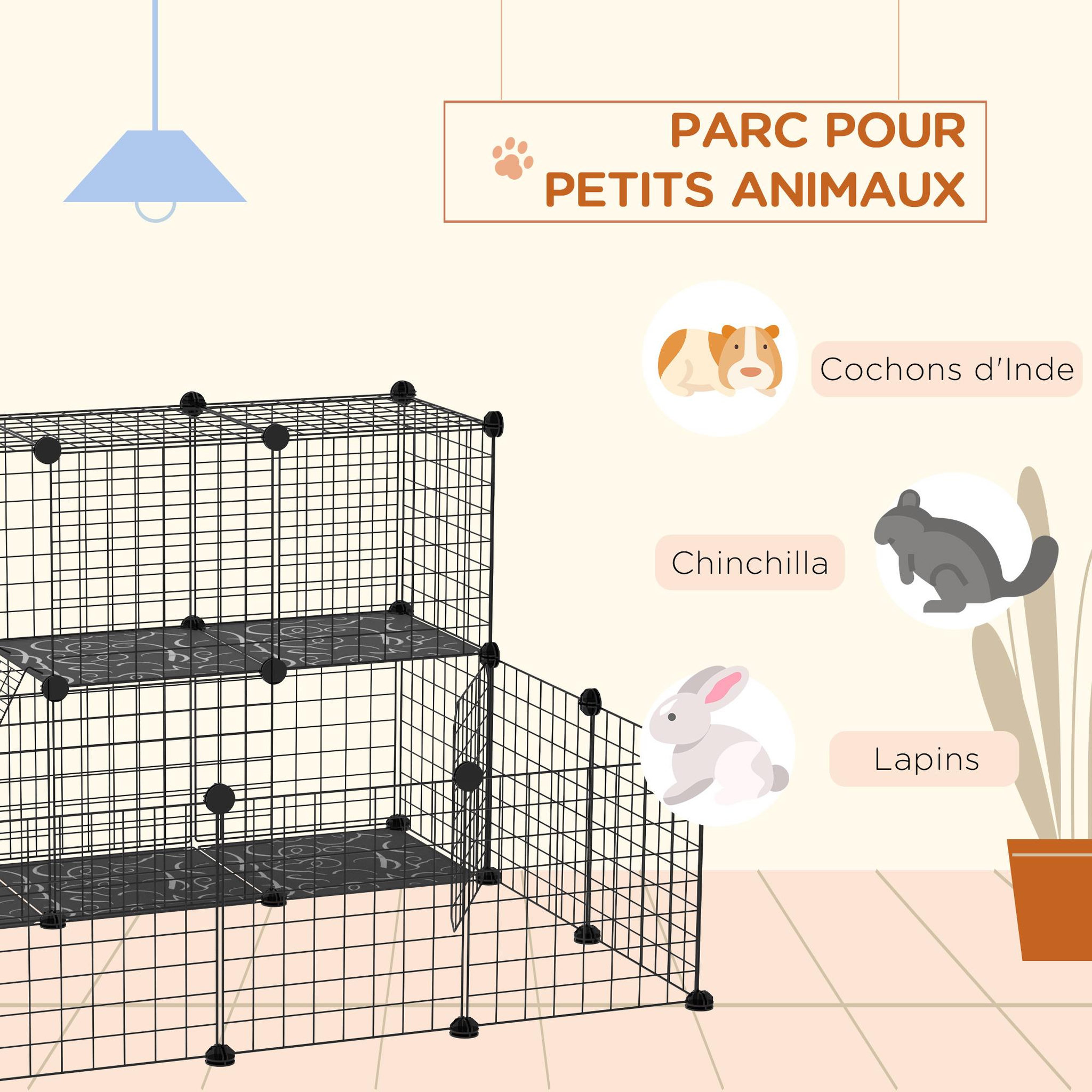 Voir la diapositive 5 : PAWHUT Cage parc enclos rongeurs modulable dim. L 105 x l 105 x h 70 cm 2 niveaux 2 portes rampe résine pp fil métallique noir