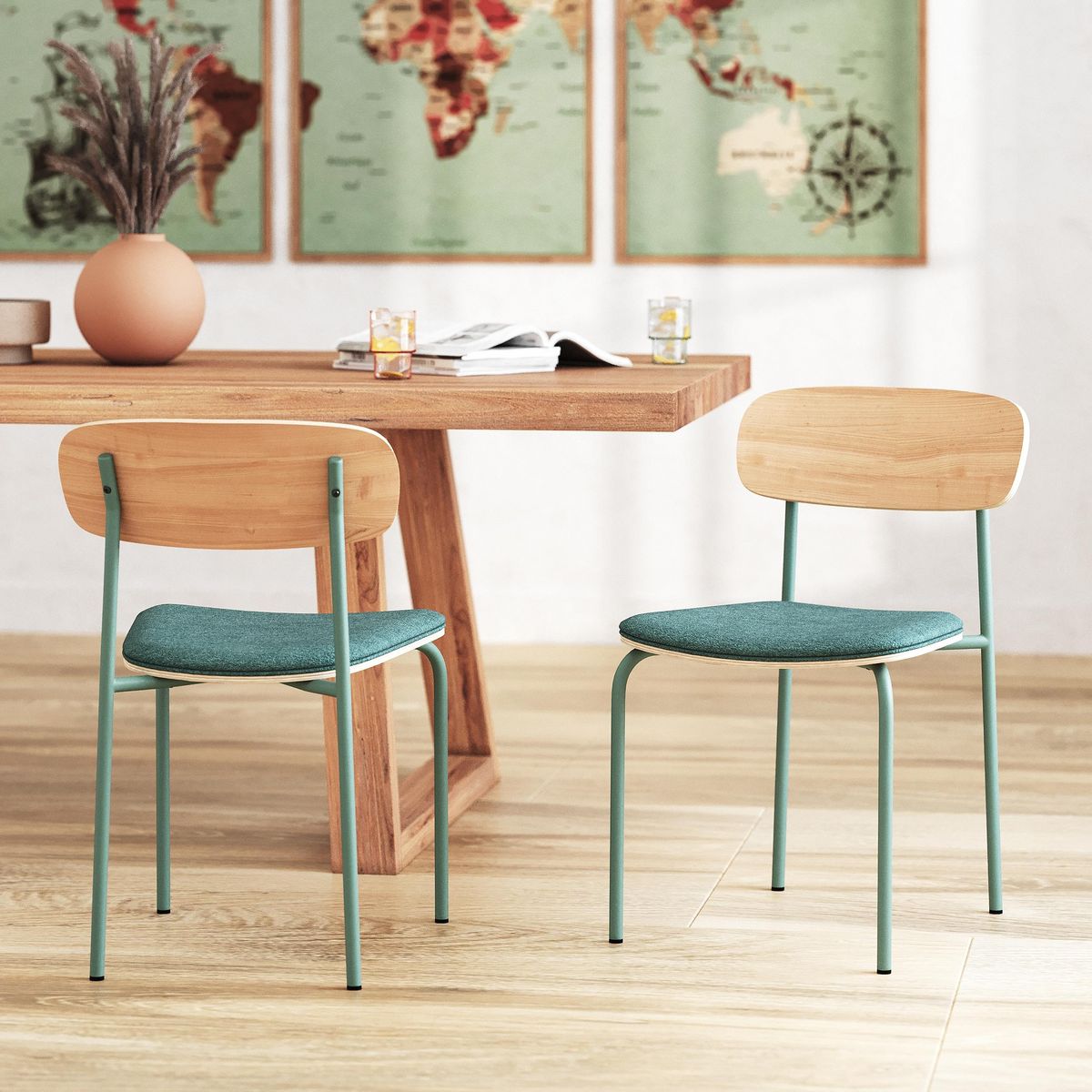 Rendez vous déco Lot de 2 chaises en bois clair et tissu bleu canard - Alba