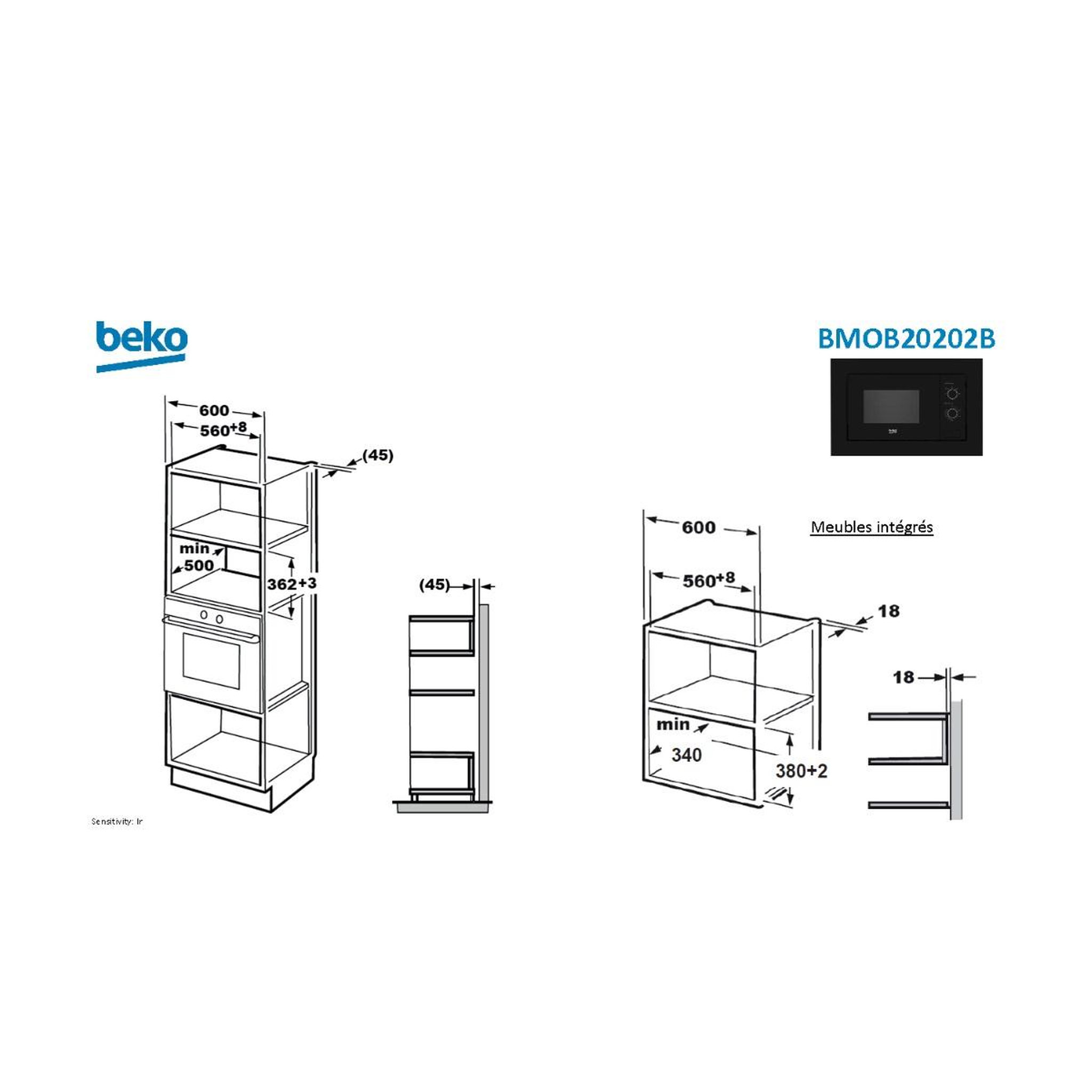 Voir la diapositive 3 : Beko Micro-onde solo encastrable 20l 800w noir - BMOB20202B