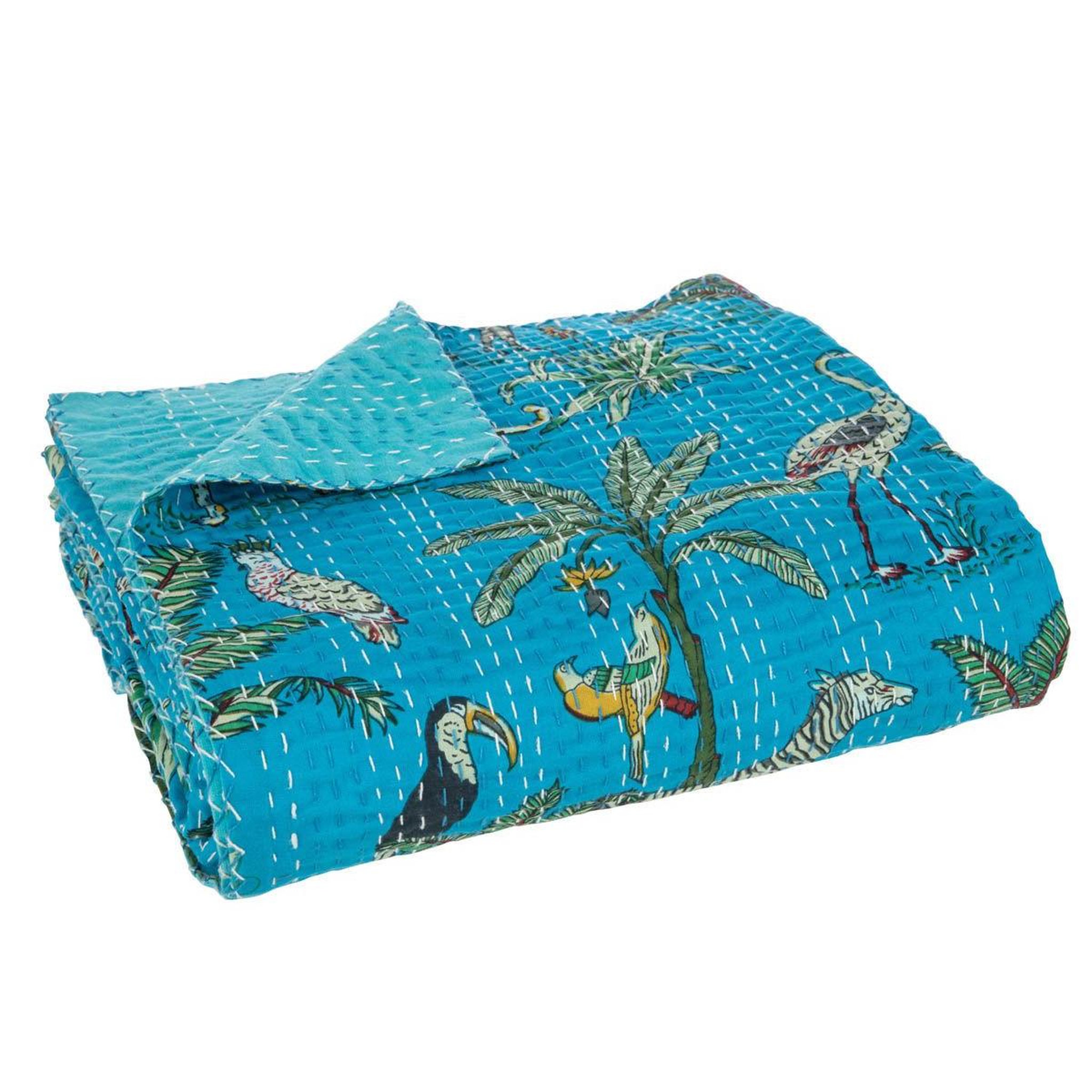 Voir la diapositive 2 : J-LINE Plaid en coton imprimé  exotique  220x270cm bleu