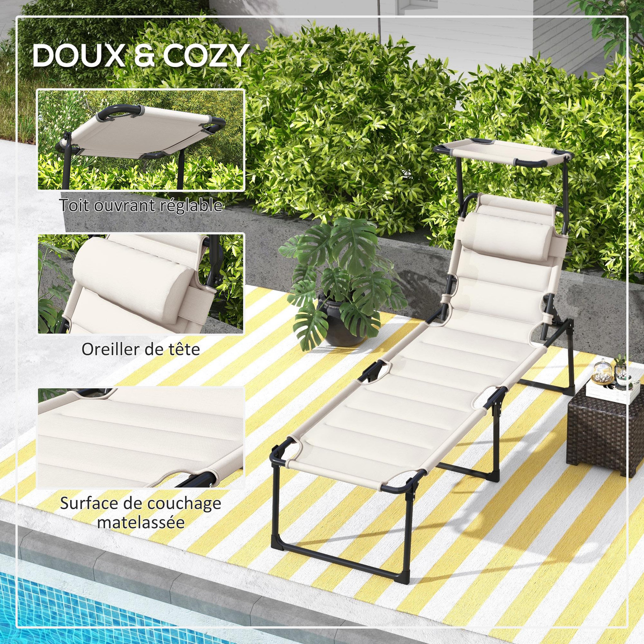 Voir la diapositive 4 : OUTSUNNY Bain de soleil transat inclinable pliable matelassé - pare-soleil, tétière - métal époxy noir tissu blanc cassé