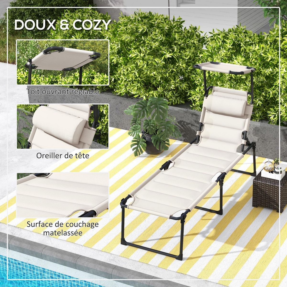 OUTSUNNY Bain de soleil transat inclinable pliable matelassé - pare-soleil, tétière - métal époxy noir tissu blanc cassé