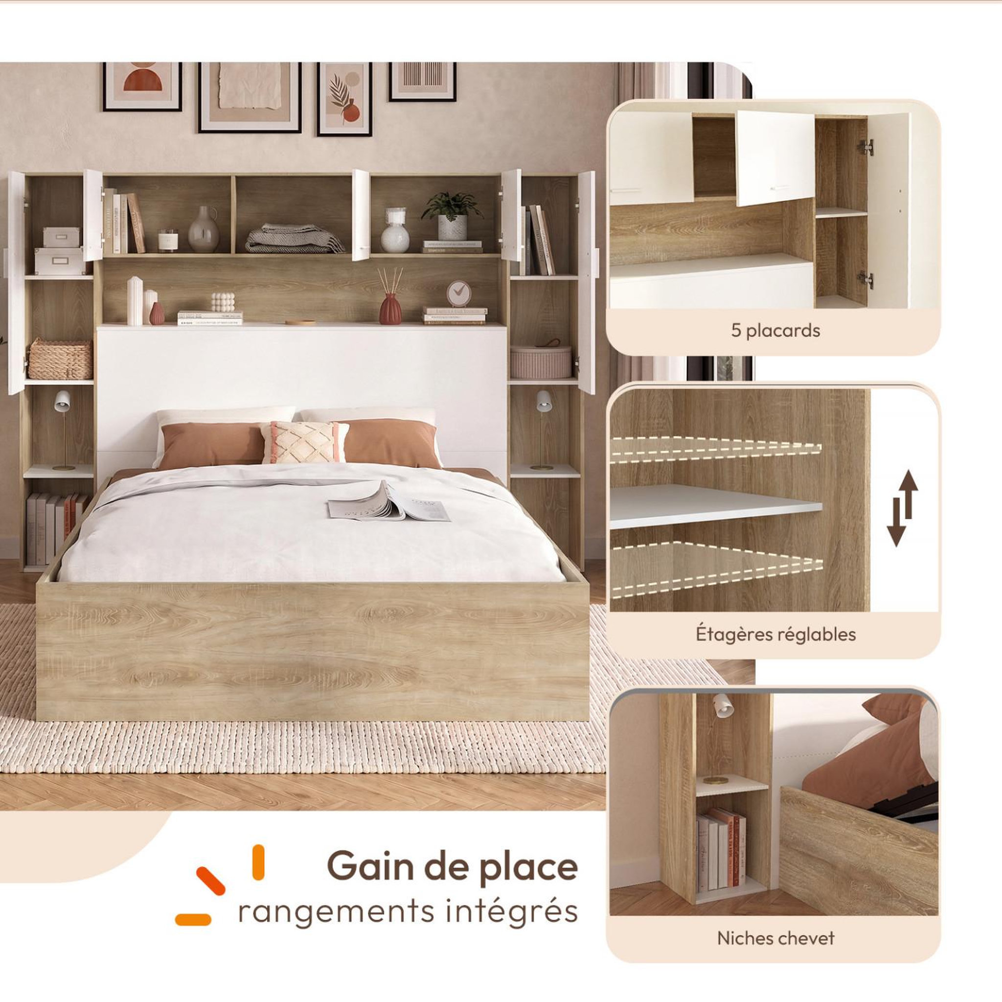 Voir la diapositive 3 : ID MARKET Lit pont coffre double bridget armoire avec rangements et sommier 140 x 190 cm bois et blanc