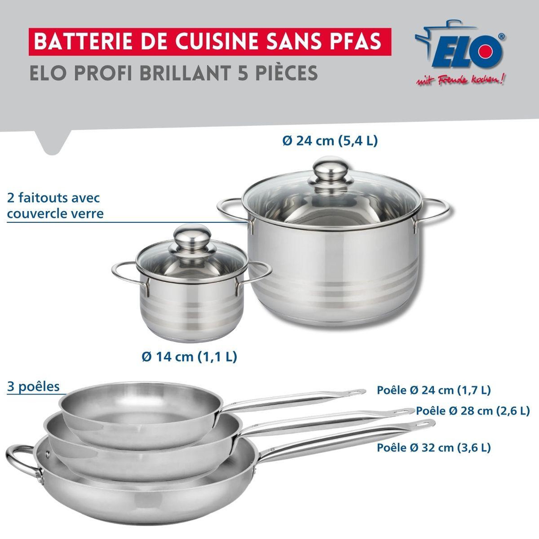 Voir la diapositive 2 : ELO Ensemble de 3 poêles de cuisson 24, 28 et 32 cm et 2 faitouts 14 et 24 cm elo profi brillant
