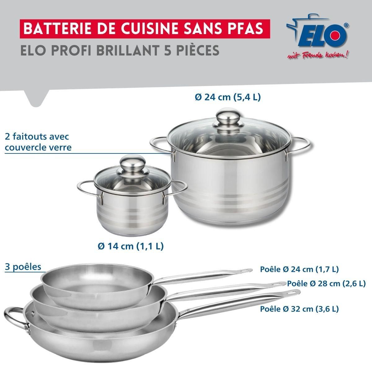 ELO Ensemble de 3 Poêles de cuisson 24, 28 et 32 cm et 2 faitouts 14 et 24 cm Elo Profi Brillant