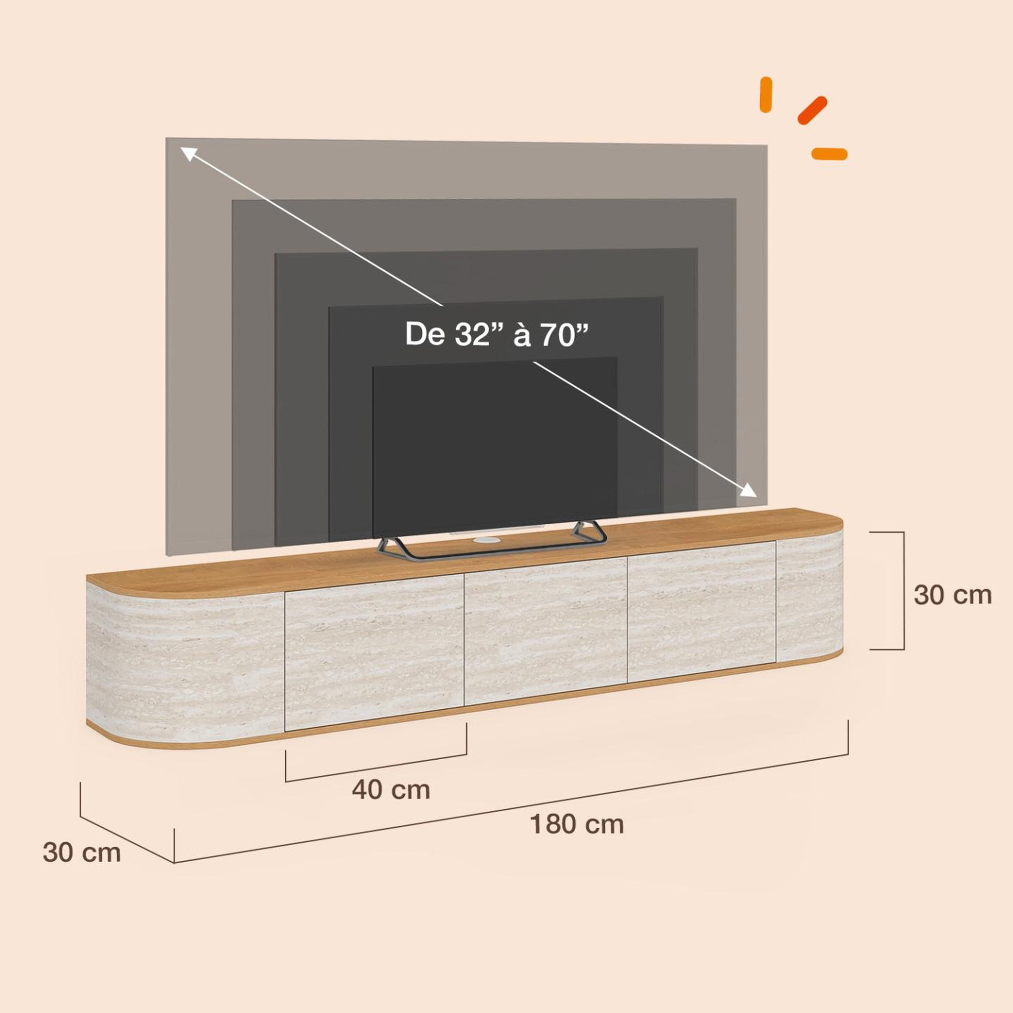 Voir la diapositive 5 : ID MARKET Meuble tv 180 cm suspendu leora 3 portes effet travertin et bois