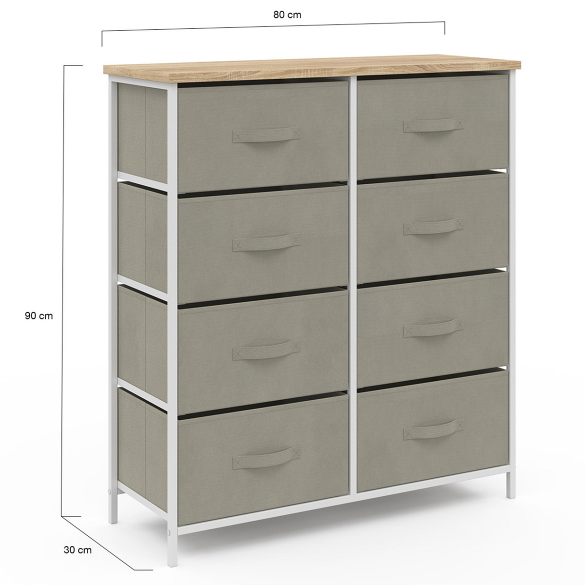 ID MARKET Commode 8 tiroirs en tissu ALTA 80 cm gris clair et plateau effet bois design industriel