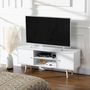 Voir la diapositive 2 : HOMCOM Meuble TV style scandinave 2 portes 2 niches passe-fils piètement bois pin panneaux blanc