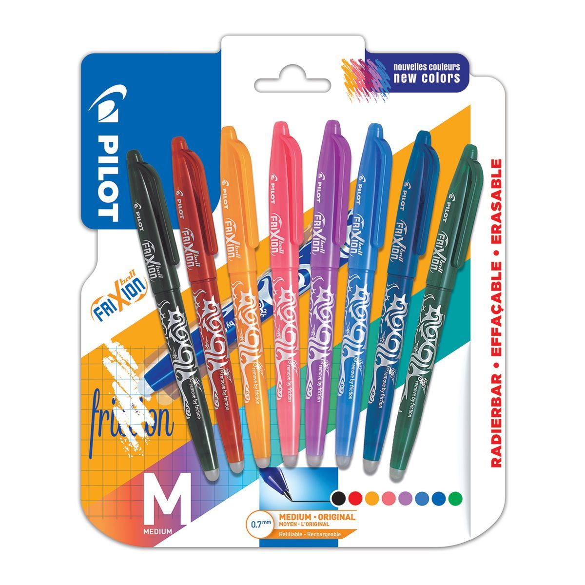 PILOT Lot de 8 Frixion ball- Roller effacable - NOIR, ROUGE, ABRICOT, CORAIL, MAUVE, BLEU CIEL, BLEU, VERT - Pointe moyenne