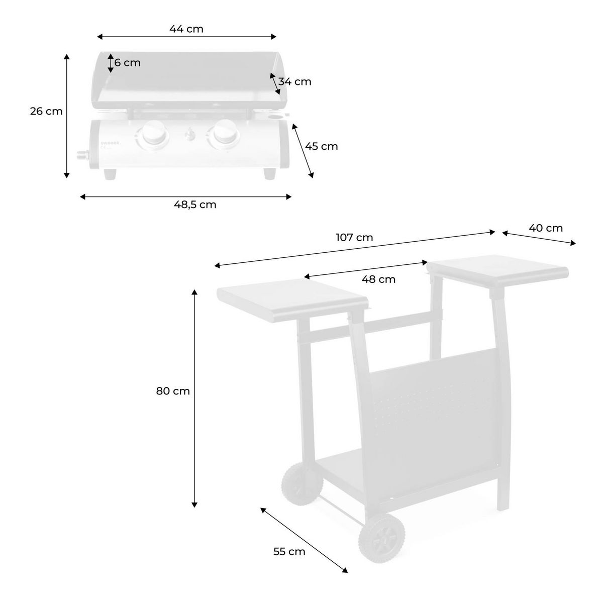 SWEEEK Plancha au gaz 2 brûleurs sur chariot - Porthos - 5kW. plancha à gaz avec desserte . cuisine extérieure. plaque émaillée. inox. barbecue