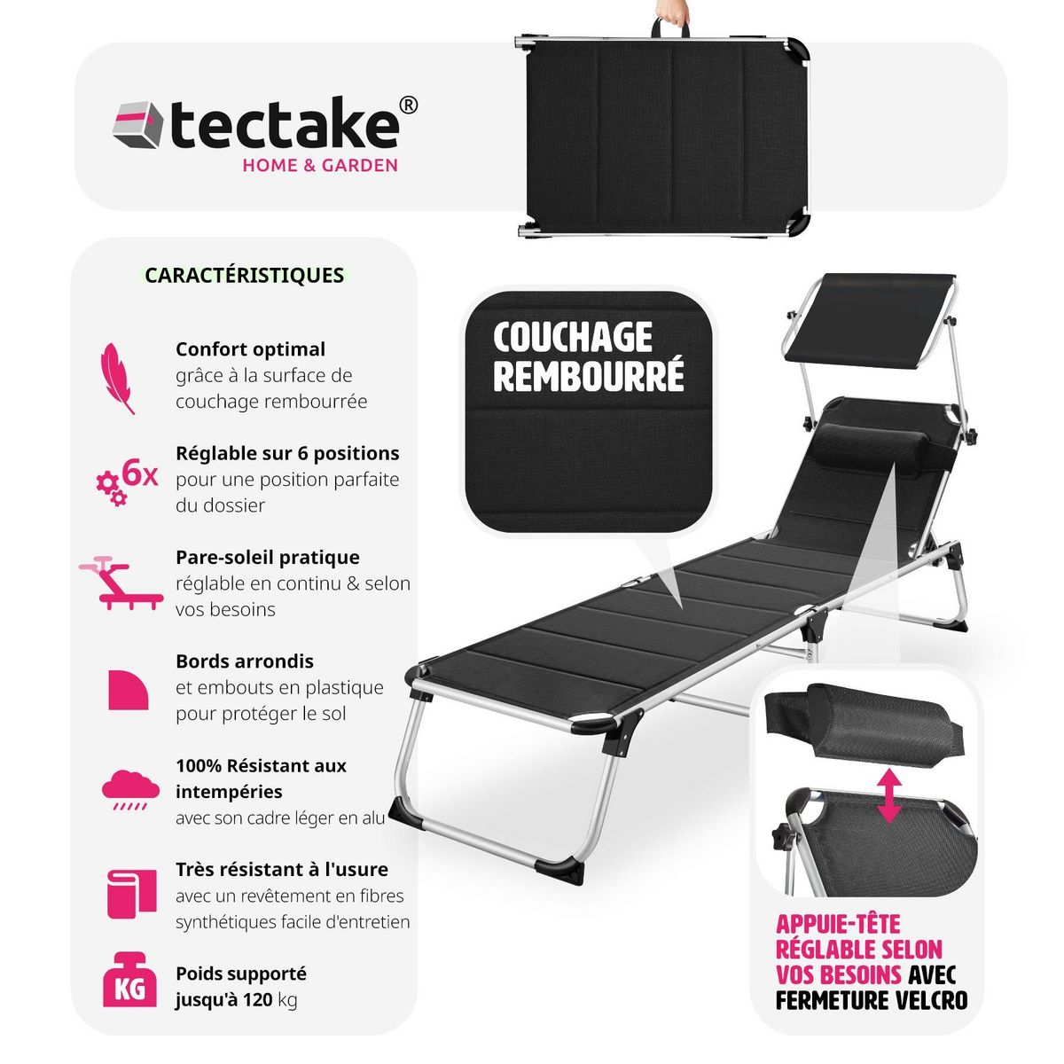 tectake Bain de soleil Transat Chaise longue Rembourrage épais, Pliable noir