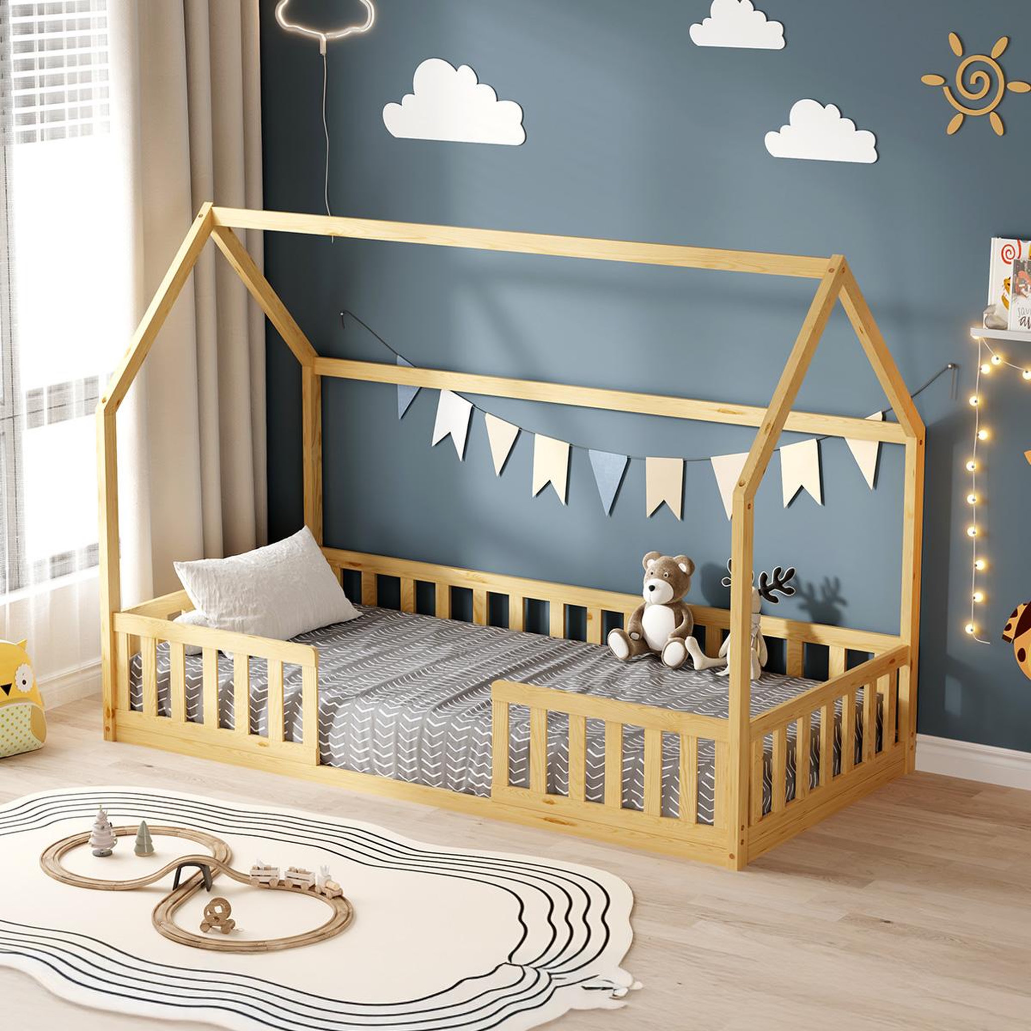 Voir la diapositive 1 : MINEA Minea | lit cabane avec barrière nid enchante 90x190 cm (matelas non inclus)