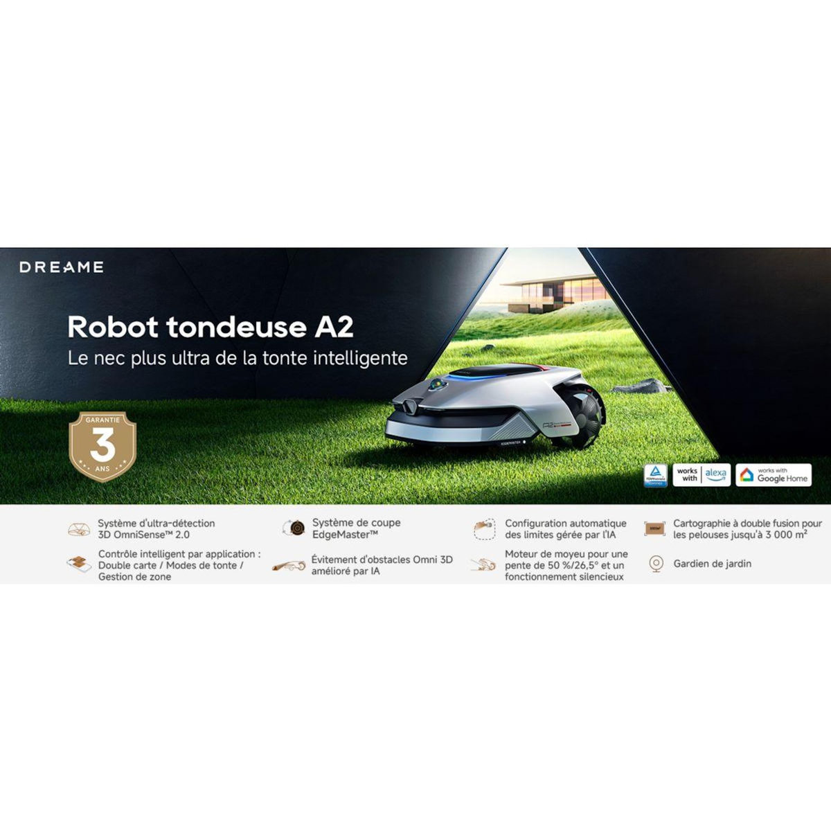 DREAME Robot tondeuse A2 sans fil périphérique, 2000 m² de superficie, grands terrains et fortes pentes (jusqu'à 45%)