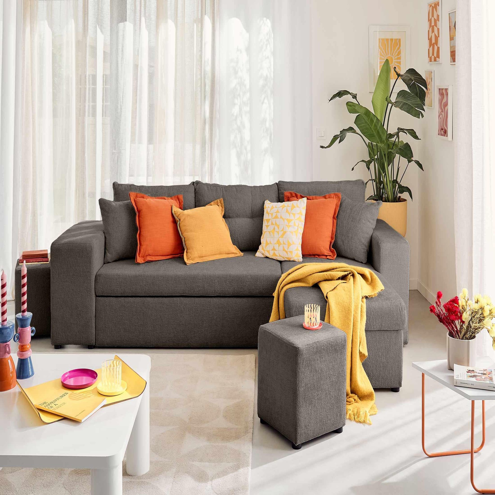 Voir la diapositive 4 : BEST MOBILIER California - canapé d'angle réversible 4 places - convertible avec coffre, étagère et poufs - en velours texturé