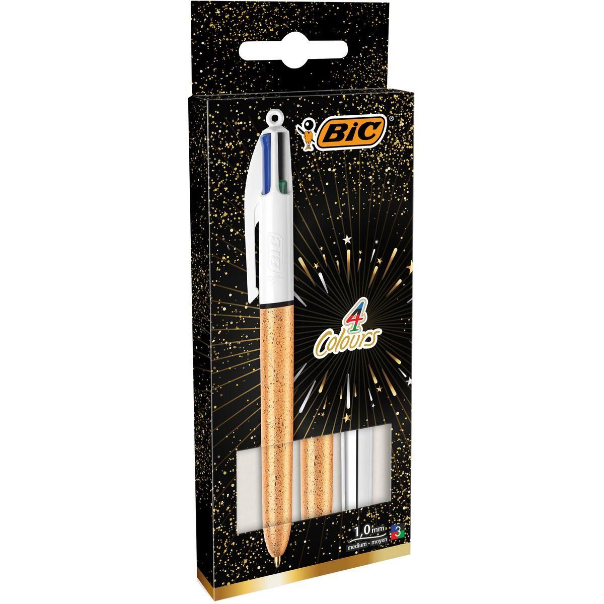 BIC Lot de 3 stylos bille rétractables 4 couleurs pointe moyenne bleu/noir/rouge/vert coffret champagne