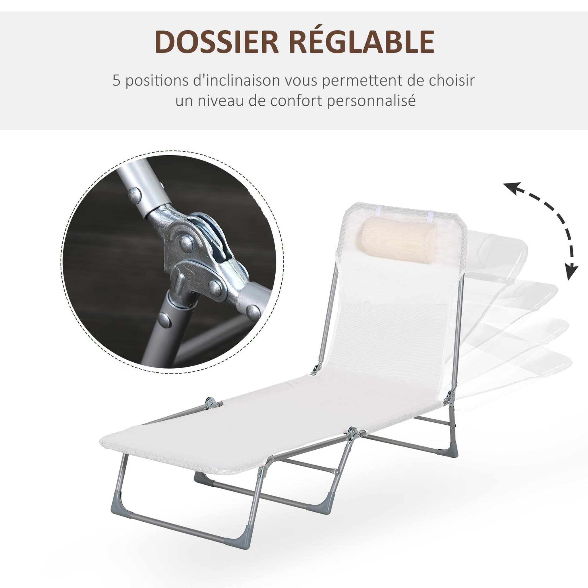 Voir la diapositive 4 : OUTSUNNY Bain de soleil transat pliable dossier réglable 5 positions acier teslin crème