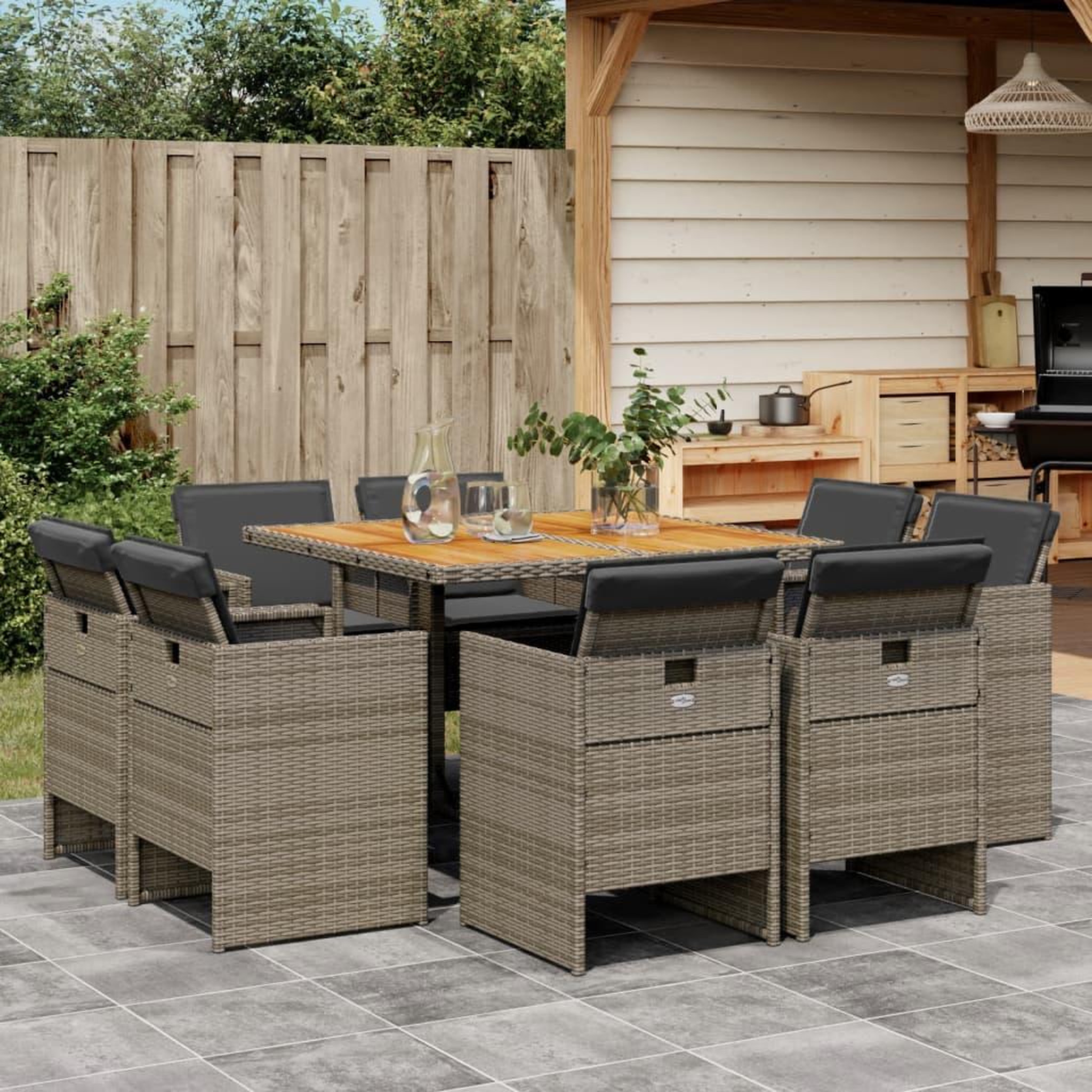 Voir la diapositive 1 : VIDAXL Ensemble a manger de jardin 9 pcs coussins gris resine tressee