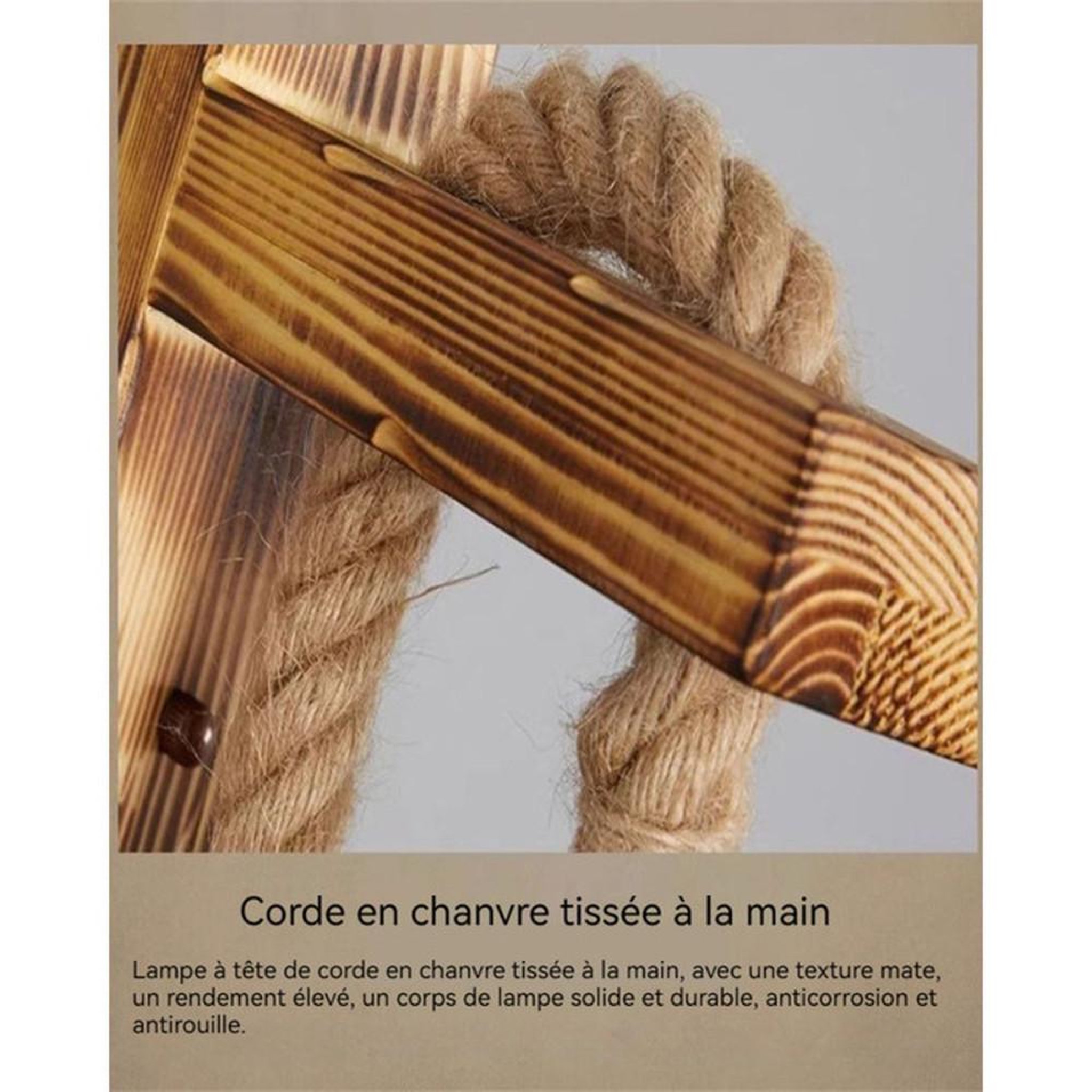 Voir la diapositive 4 : Applique murale rétro en bois de pin massif et corde de chanvre tressée, abat-jour grille métal noir, culot E27