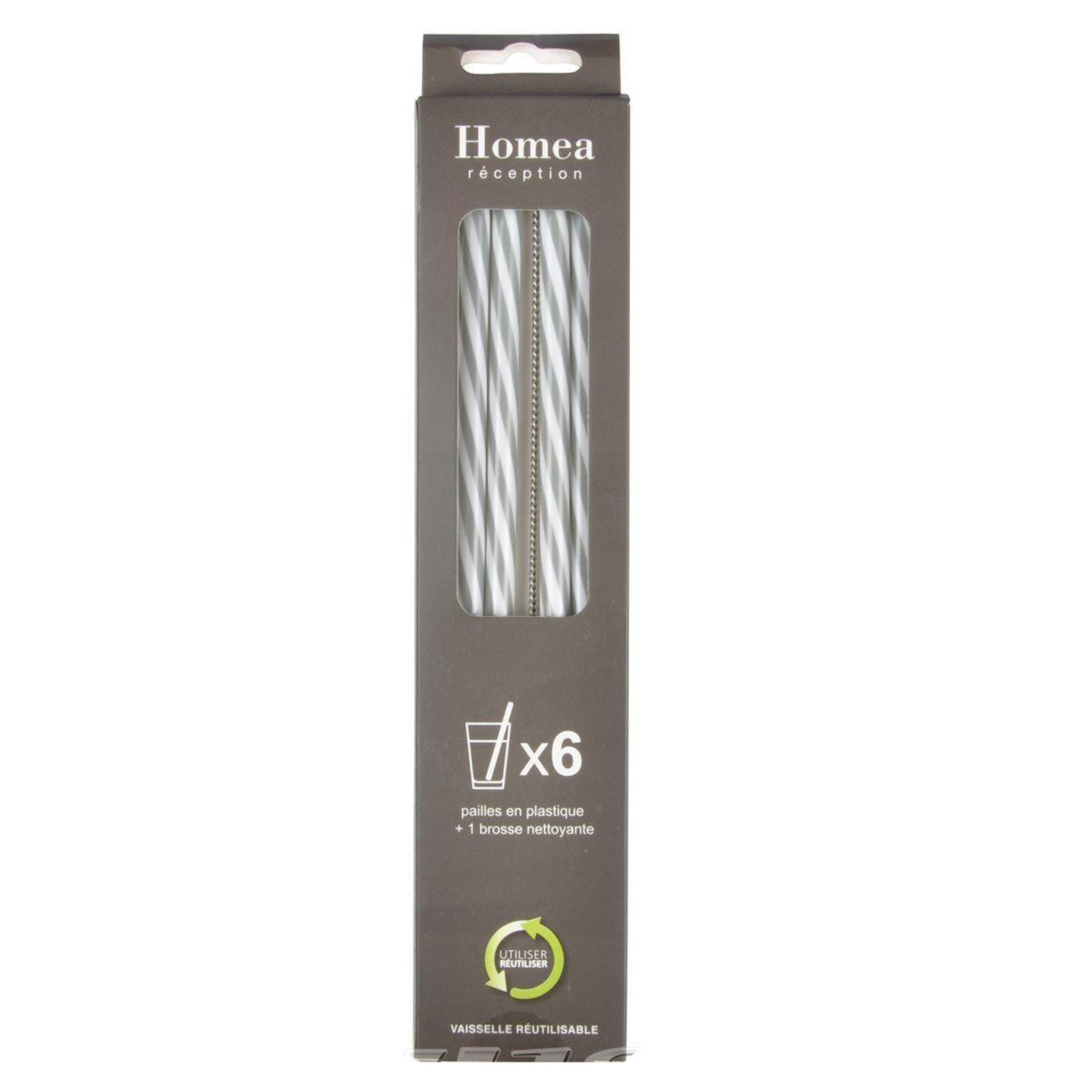 Voir la diapositive 2 : HOMEA Lot de 6 pailles & brosse  réutilisables  23cm gris