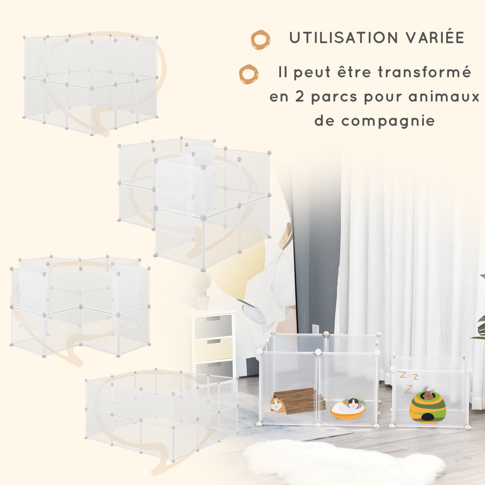 Voir la diapositive 6 : PAWHUT Cage parc enclos modulable petits animaux - dim. 105l x 105l x 45h cm - 12 panneaux résine pp opaque