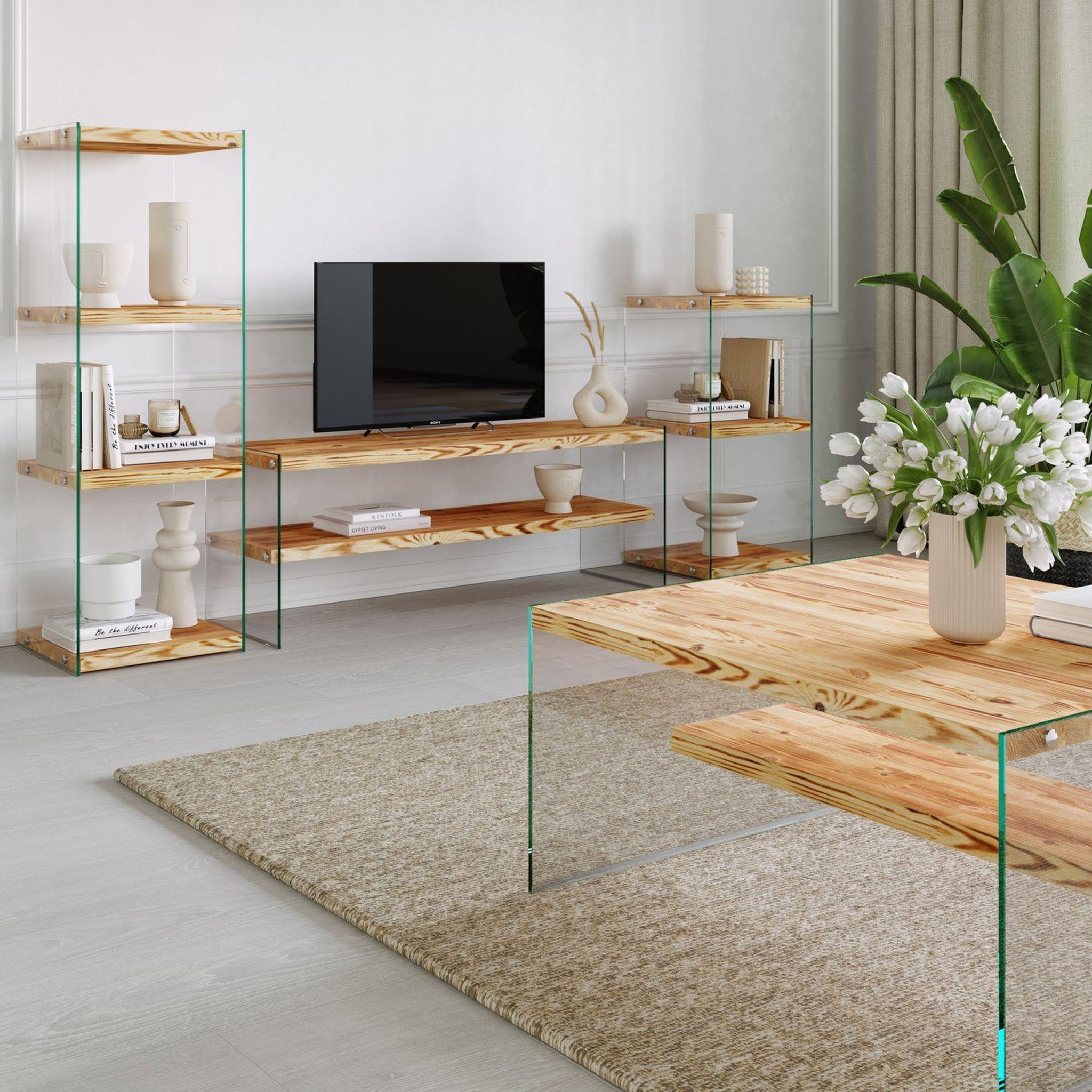 Voir la diapositive 5 : TOILINUX Etagère 3 niveaux en verre et bois clair niagara - beige