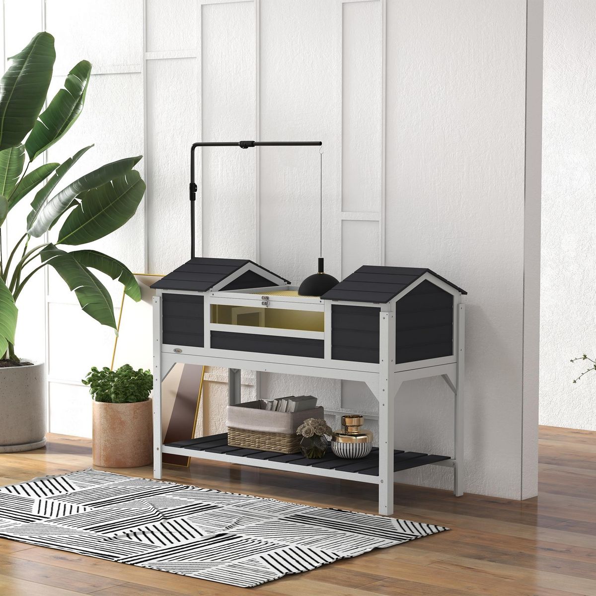 PAWHUT Terrarium maison tortue terrestre - enclos tortue 2 niches, support lampe réglable, toit ouvrable, étagère - bois blanc gris