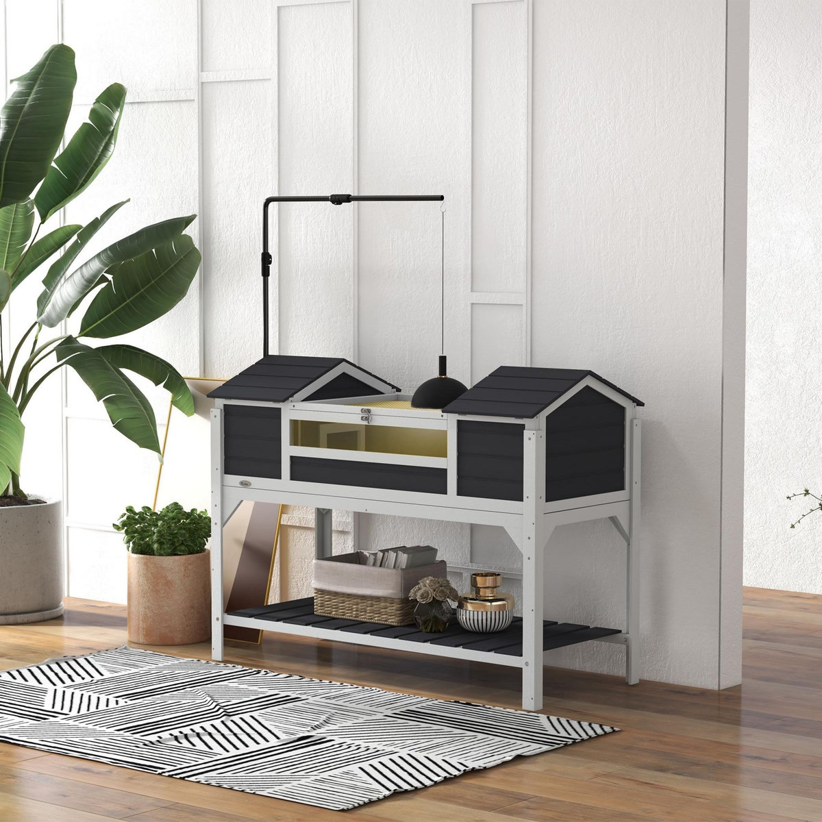 PAWHUT Terrarium maison tortue terrestre - enclos tortue 2 niches, support lampe réglable, toit ouvrable, étagère - bois blanc gris