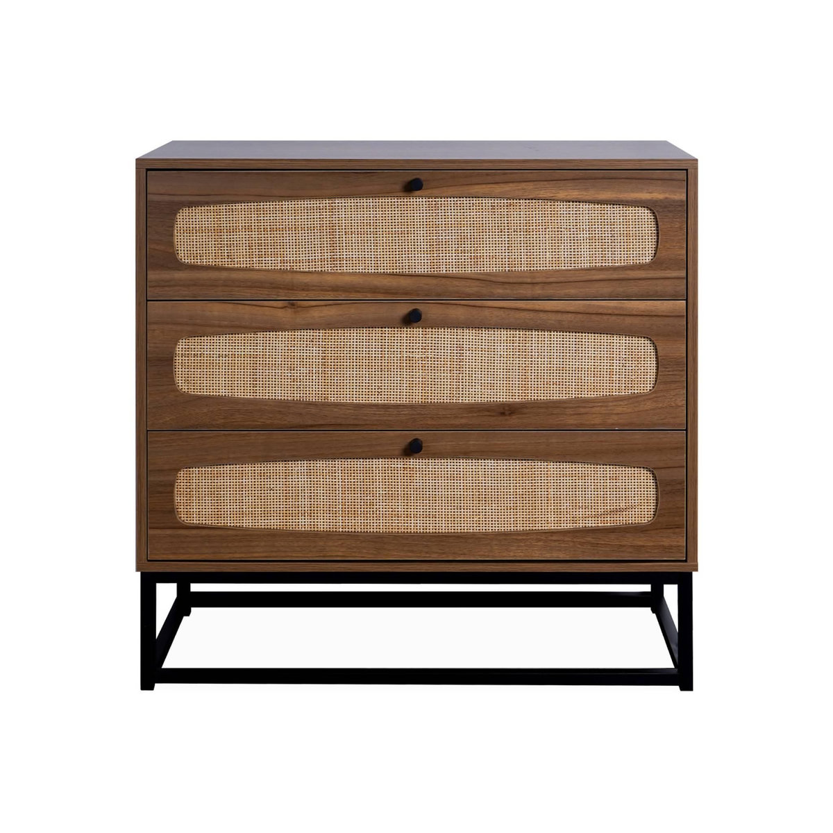 SWEEEK Commode rétro décor bois et cannage 3 tiroirs piètement et poignées en métal noir