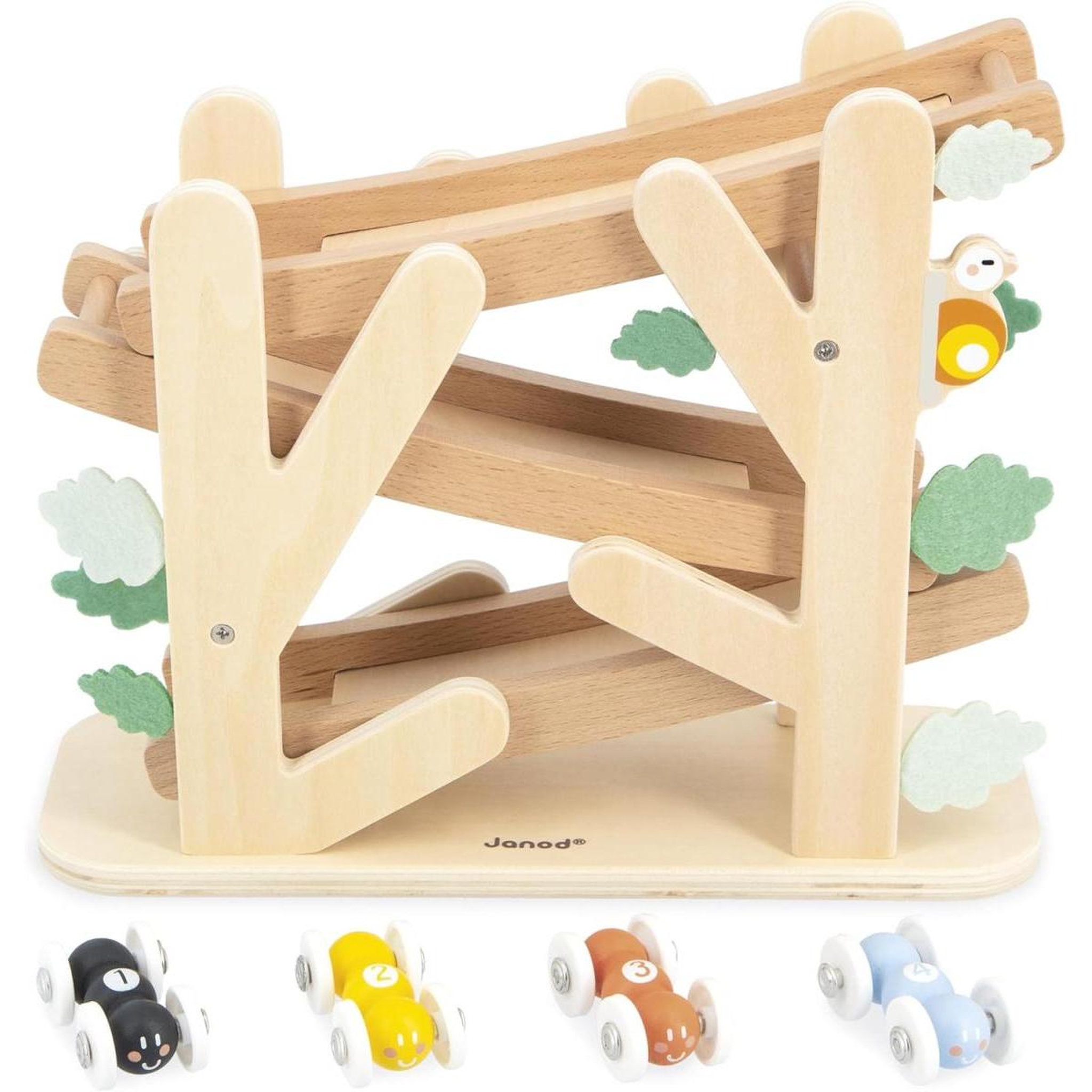Voir la diapositive 2 : Juratoys-Janod Circuit en bois le Toboggan des fourmis avec 4 voitures