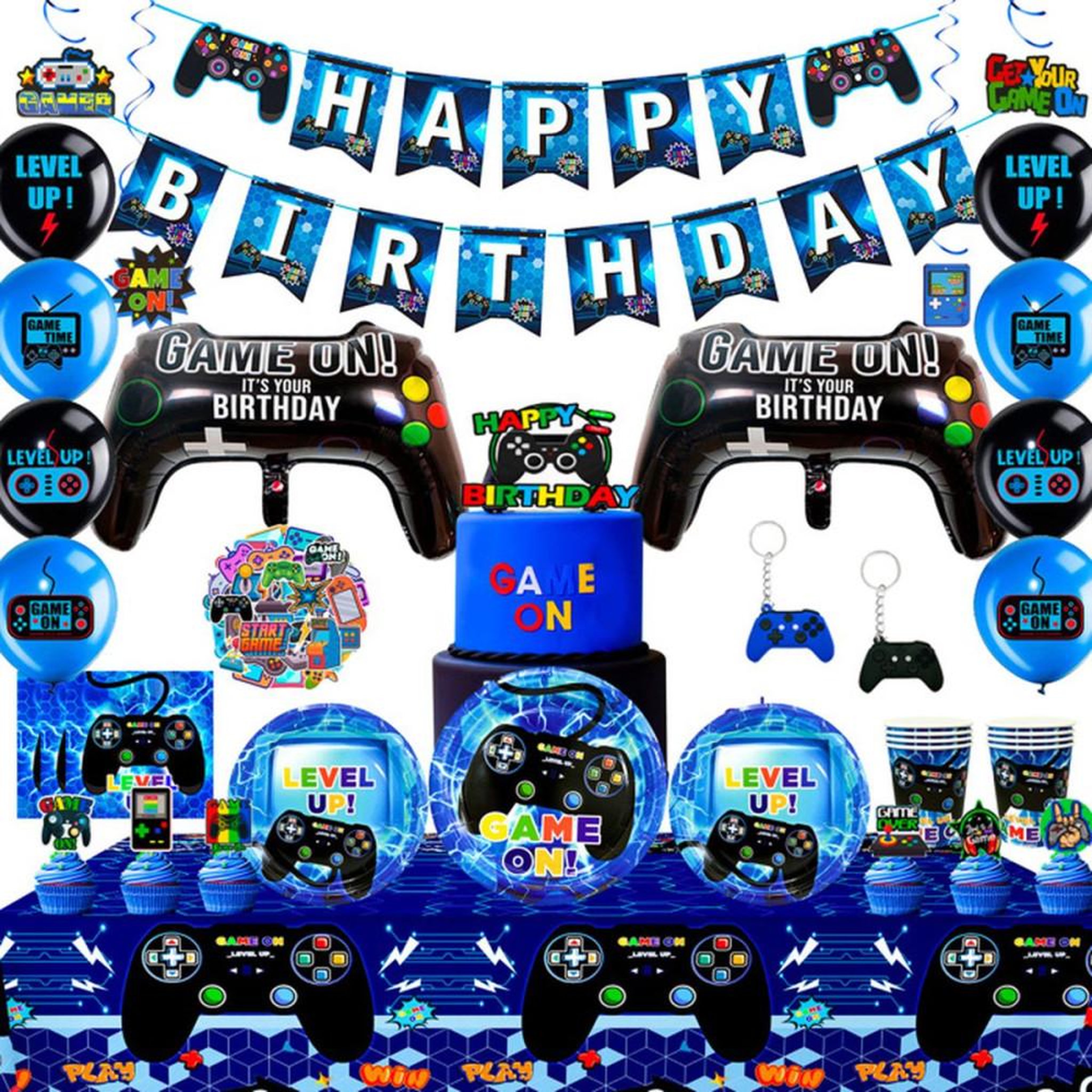 Kit déco anniversaire jeux vidéo : bannière tissu, nappe, assiettes et gobelets, ballons aluminium, stickers et décorations gâteau