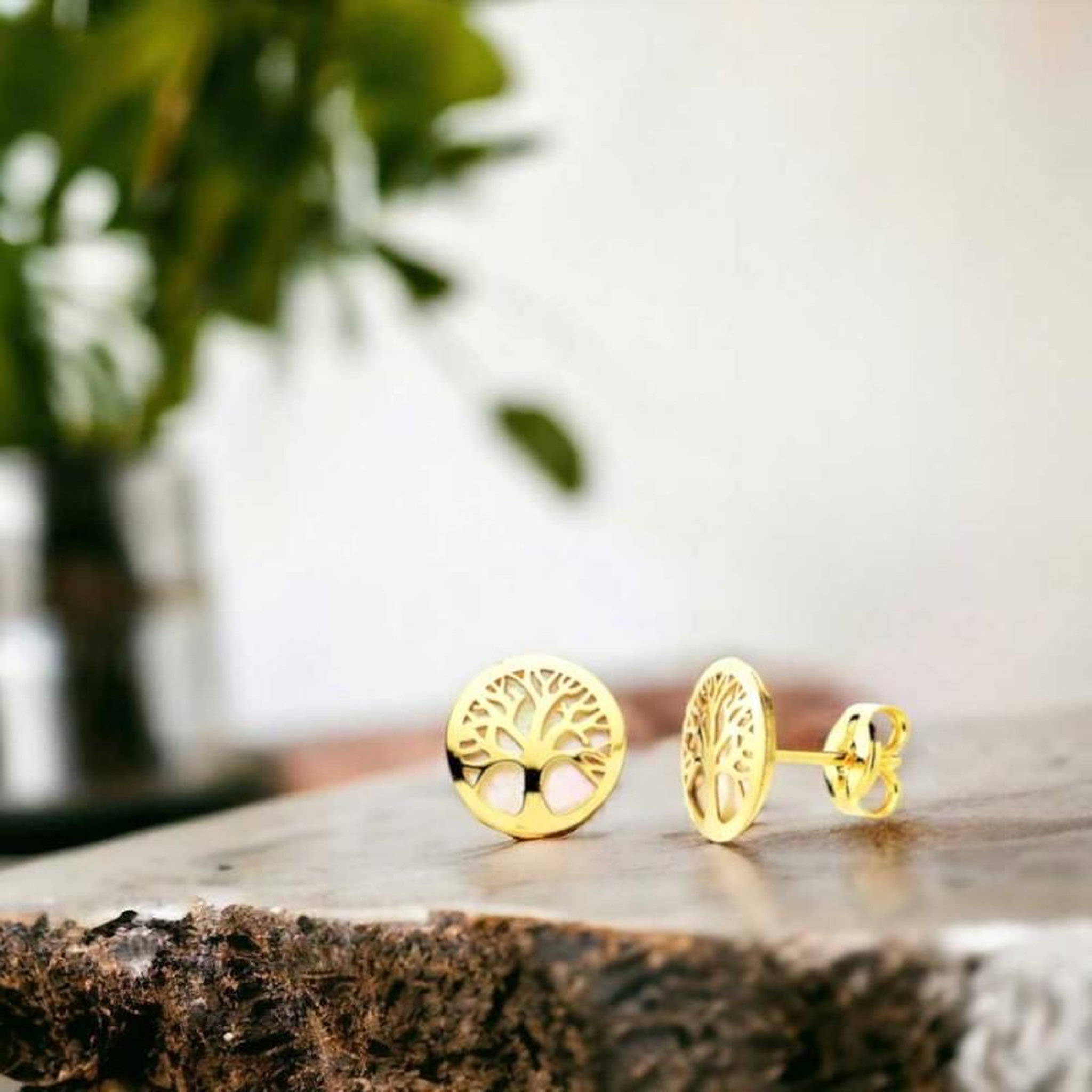 Voir la diapositive 4 : L'ATELIER D'AZUR Boucles d'Oreilles Or 18 Carats 750/000 Jaune et Nacre - Arbre de Vie