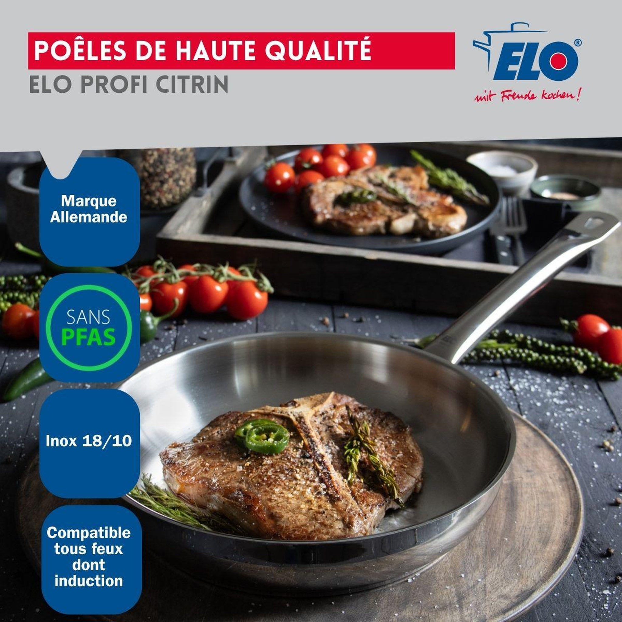 Voir la diapositive 6 : ELO Ensemble de 2 poêles de cuisson 28 et 32 cm et 1 faitout 16 cm elo profi citrin