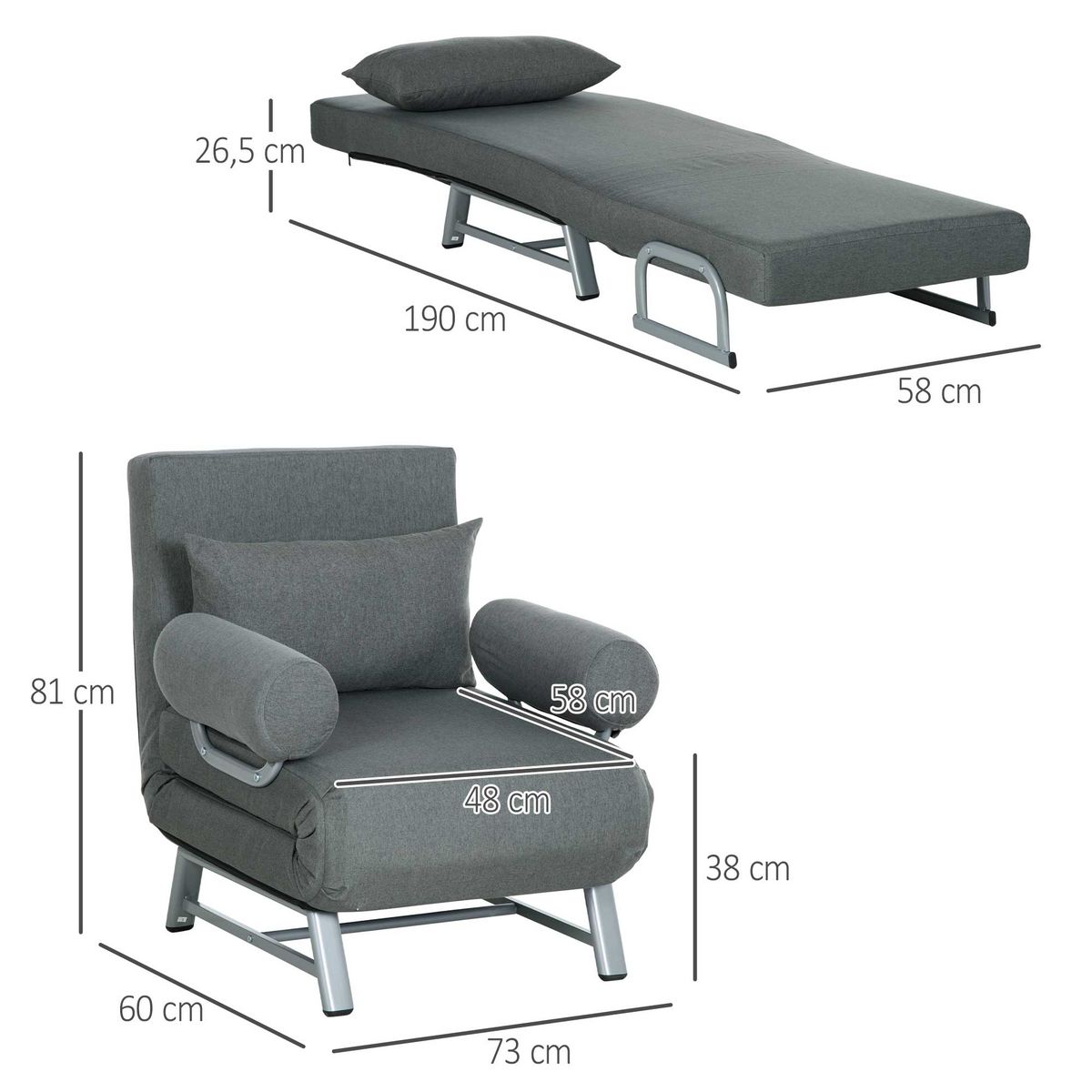 HOMCOM Fauteuil chauffeuse canapé-lit convertible inclinable 1 place grand confort coussin lombaires accoudoirs piètement métal lin gris foncé
