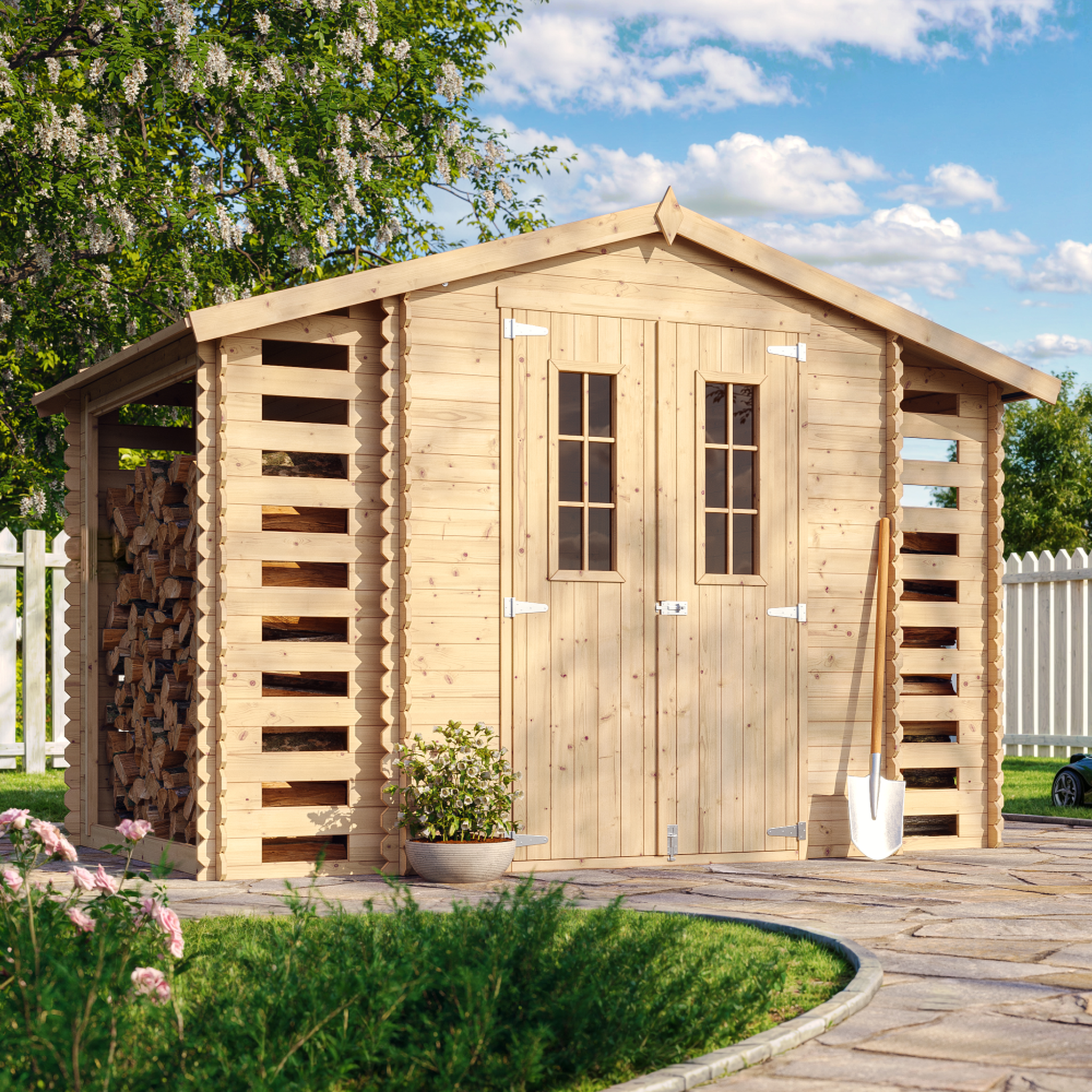 Voir la diapositive 4 : TIMBELA Abri de jardin en bois et range bûches extérieur avec sol traité - 3,53 + 0,97+0,97 m2 m391c+m391g