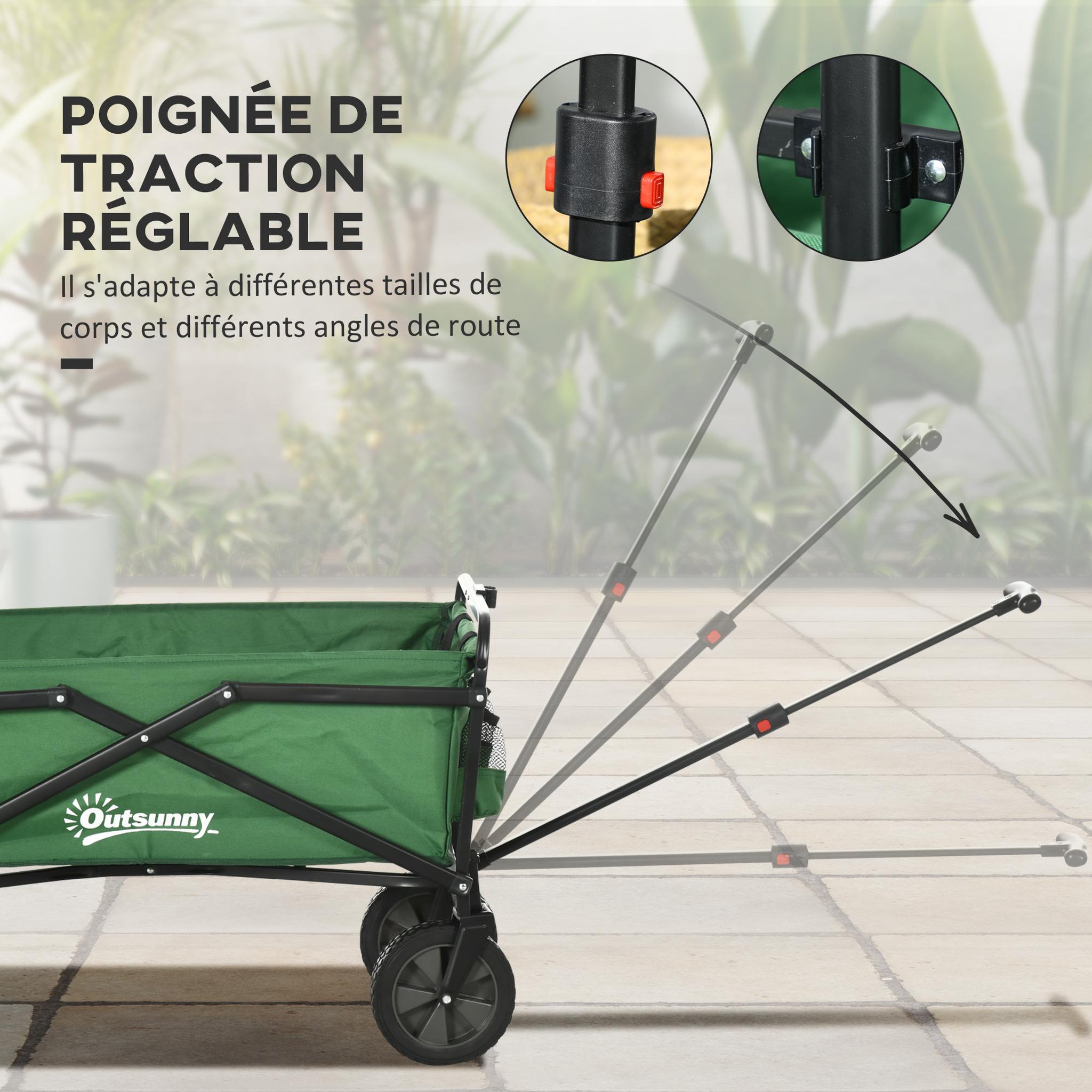 Voir la diapositive 5 : OUTSUNNY Chariot de transport pliable à roulettes - poignée télescopique - max. 40 Kg - métal noir oxford vert