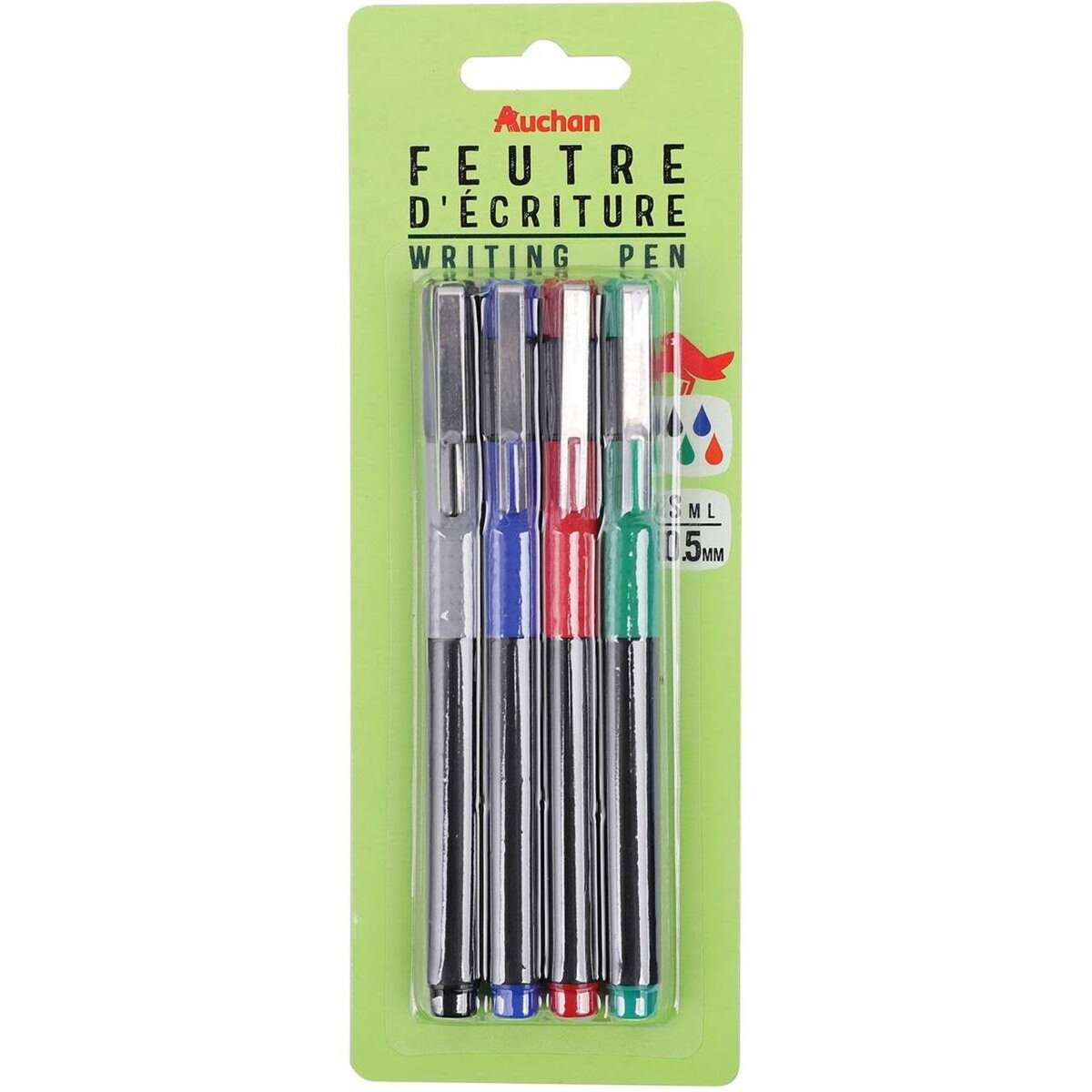 AUCHAN Lot de 4 stylos feutres d'écriture pointe fine 0.5mm coloris assortis