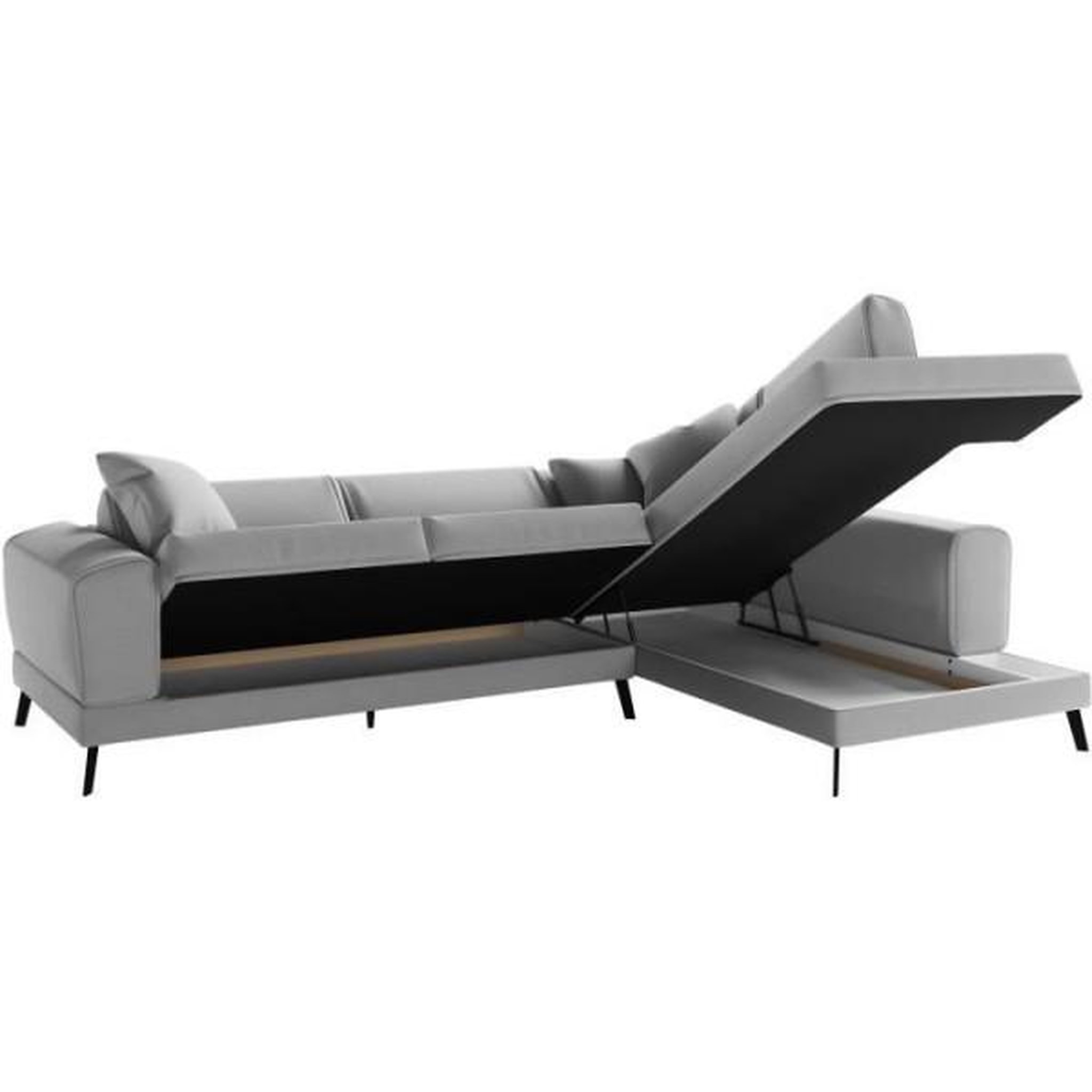 Voir la diapositive 5 : LOUNGITUDE Canapé d'angle droit convertible IMPERIAL 5 places - Tissu gris clair - 2 coffres de rangement - L304 x P212 x H86 cm