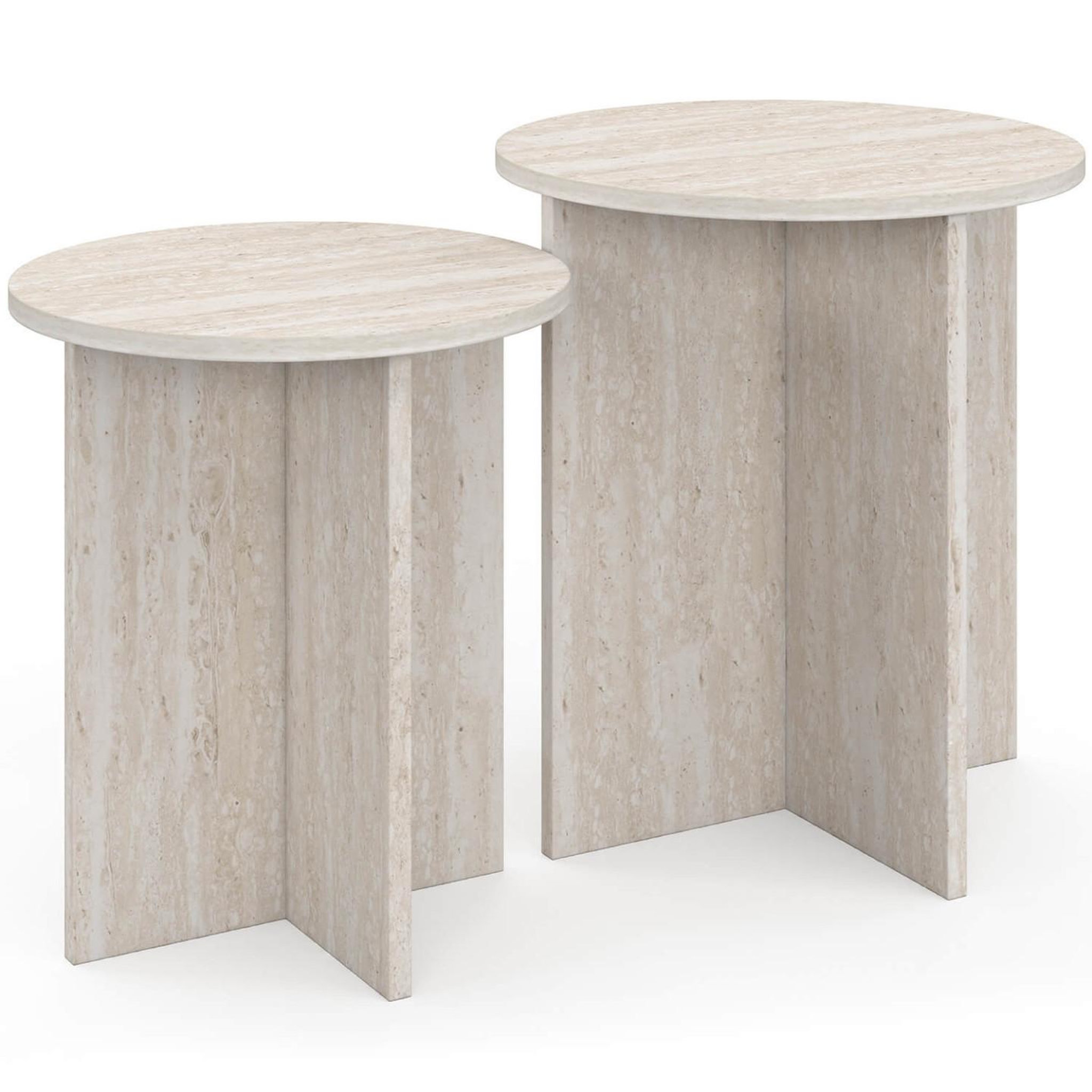 Voir la diapositive 3 : ID MARKET Lot de 2 tables d'appoint rondes, table basse, bouts de canapé, tables de chevet marthe 35/40 cm bois effet travertin