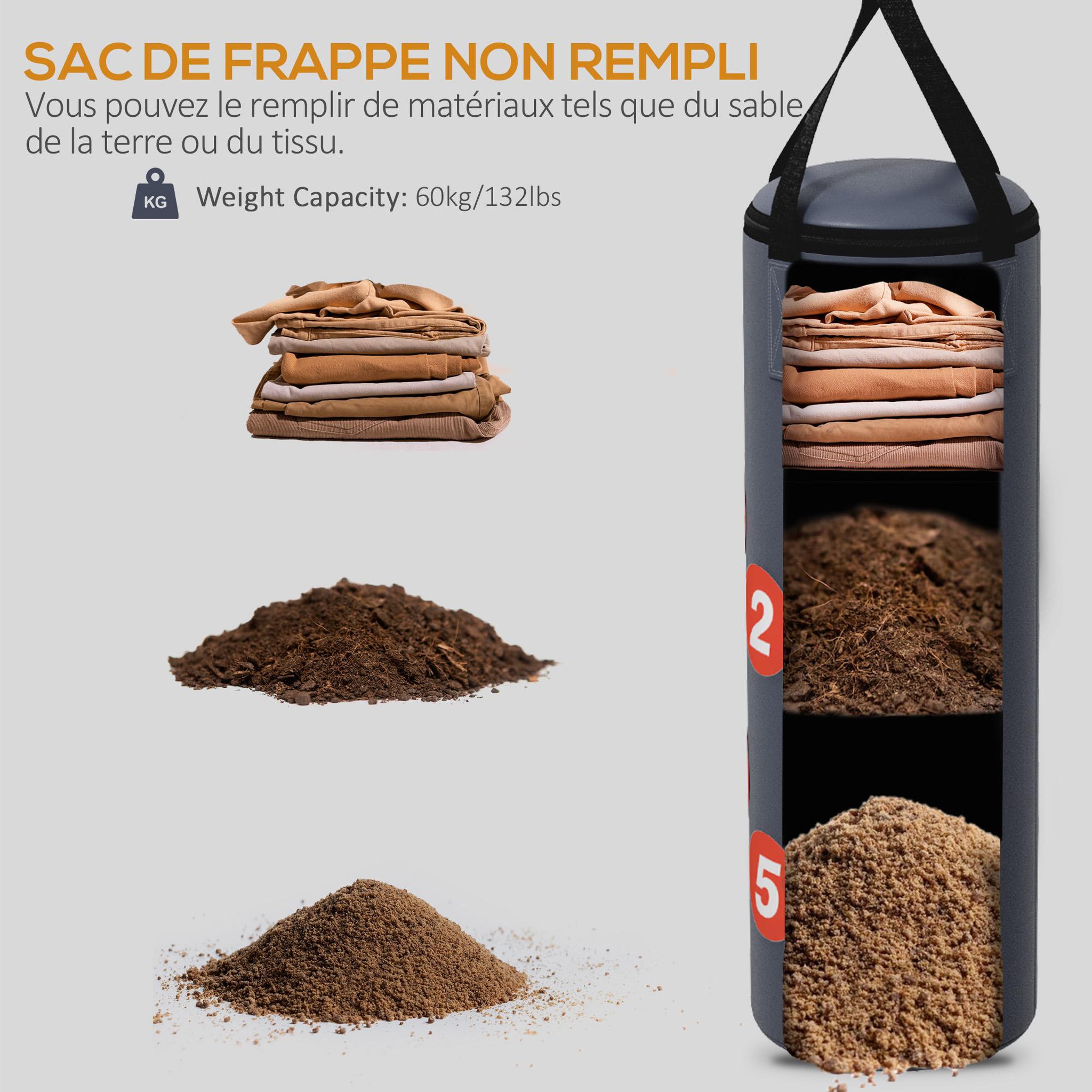 Voir la diapositive 4 : HOMCOM Sac de frappe boxe - support mural, crochet pivotant, gants, bandes inclus - à remplir - acier PU rouge gris