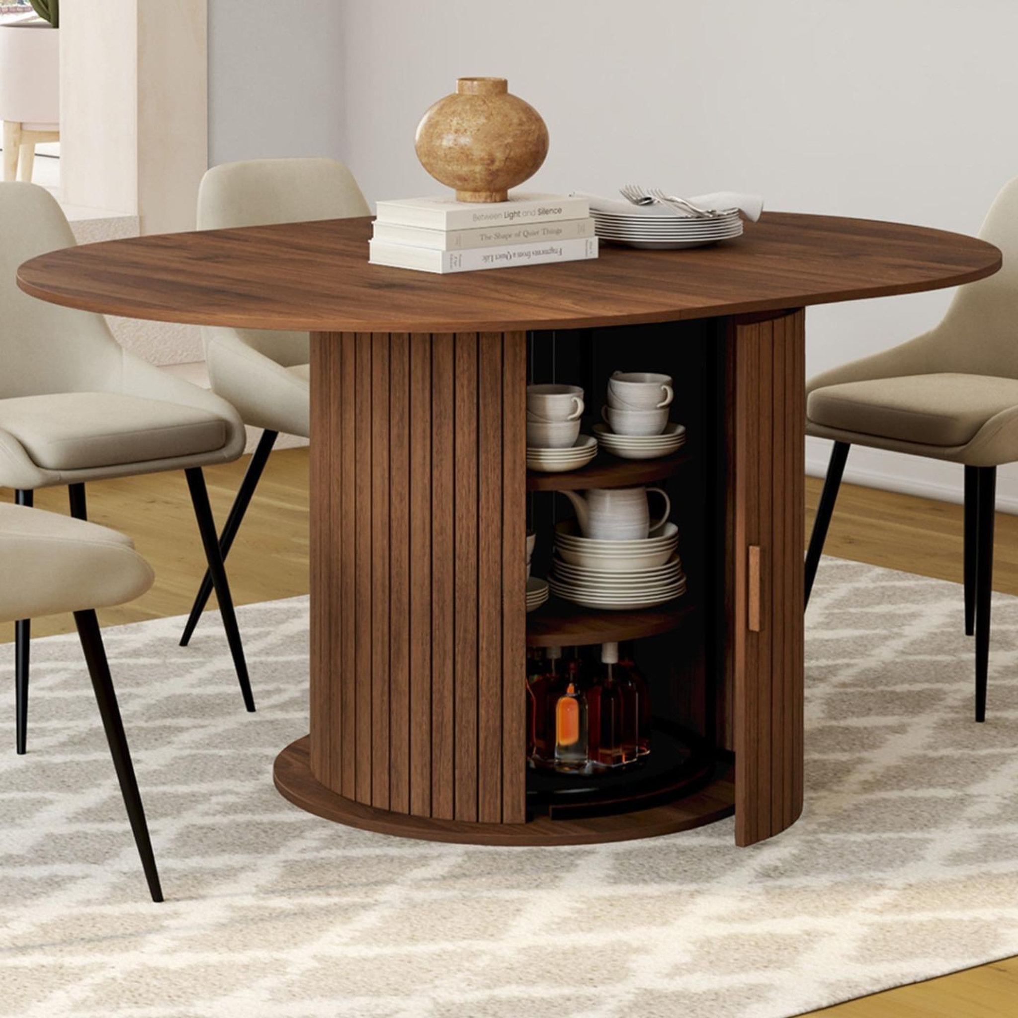 Voir la diapositive 2 : ID MARKET Table à manger extensible ronde juliette 4-8 personnes pied lattes avec rangement coloris noyer 110-150 cm