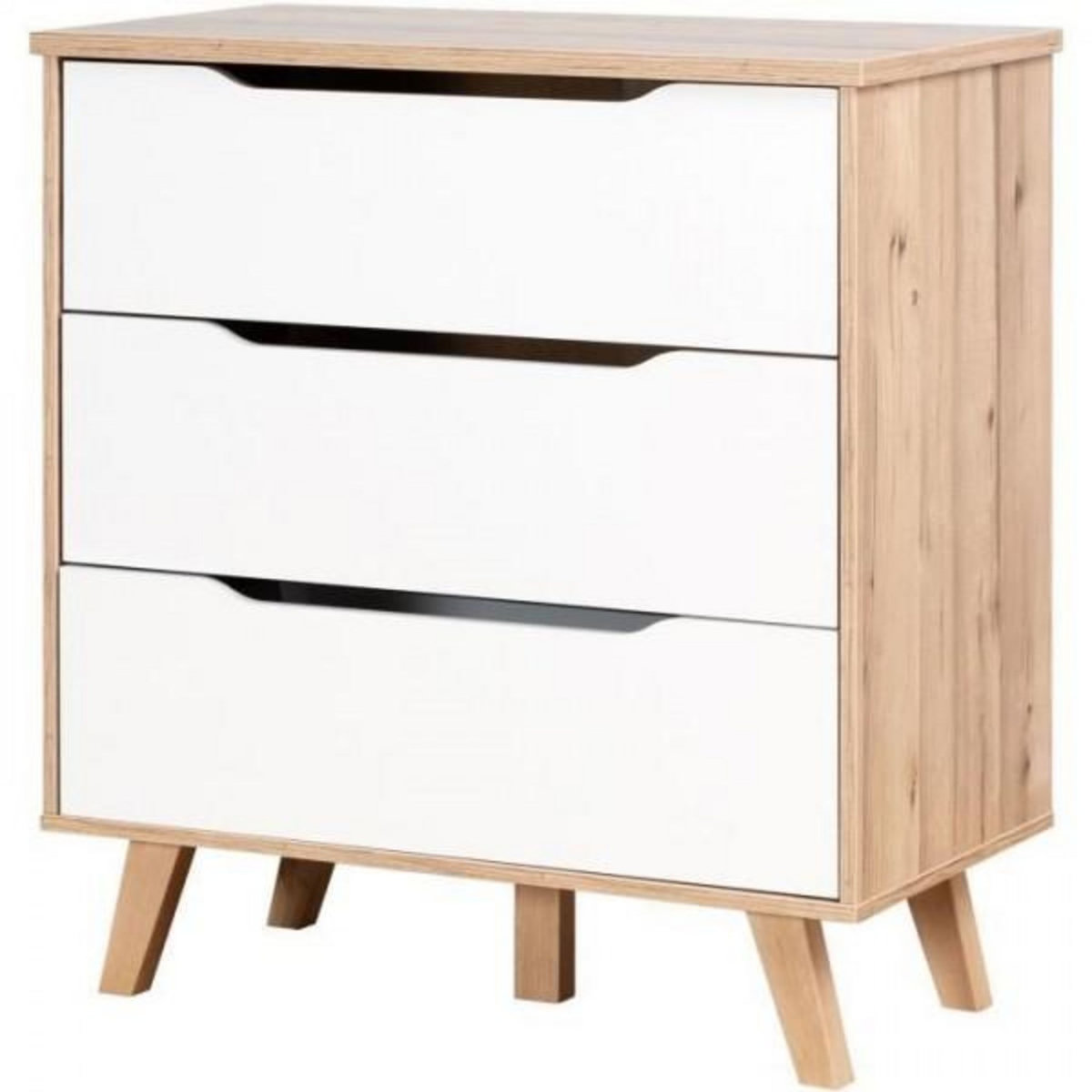 MARKET24 Commode 3 tiroirs - Décor chene et blanc mat - Pieds en massif - Scandinave L 80 cm - VANKKA