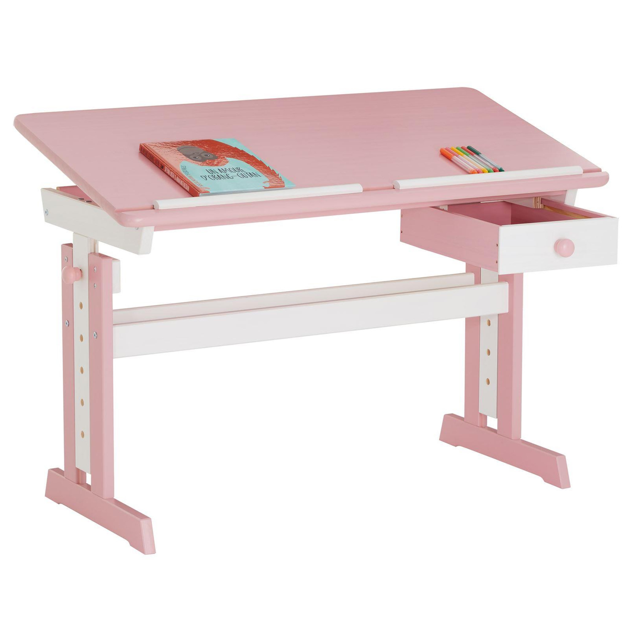 Voir la diapositive 4 : IDIMEX Bureau enfant FLEXI, en pin massif, réglable en hauteur et plateau inclinable
