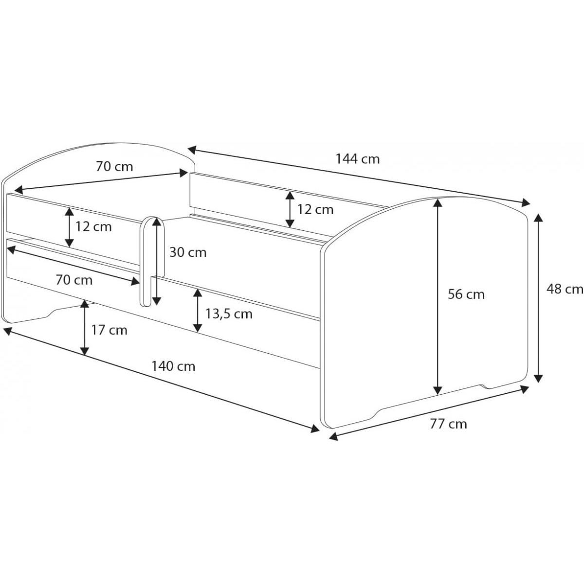 KOBI Lit enfant Ines + tiroir de rangement - 140x70 cm - - avec matelas