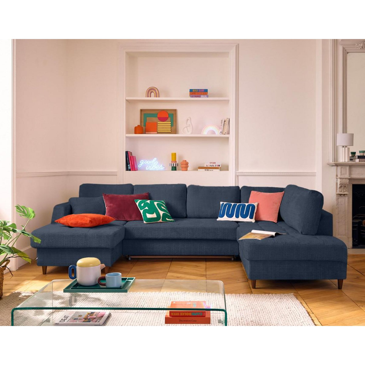 LISA DESIGN Anna - canapé panoramique d'angle droit 7 places convertible avec coffre en velours texturé