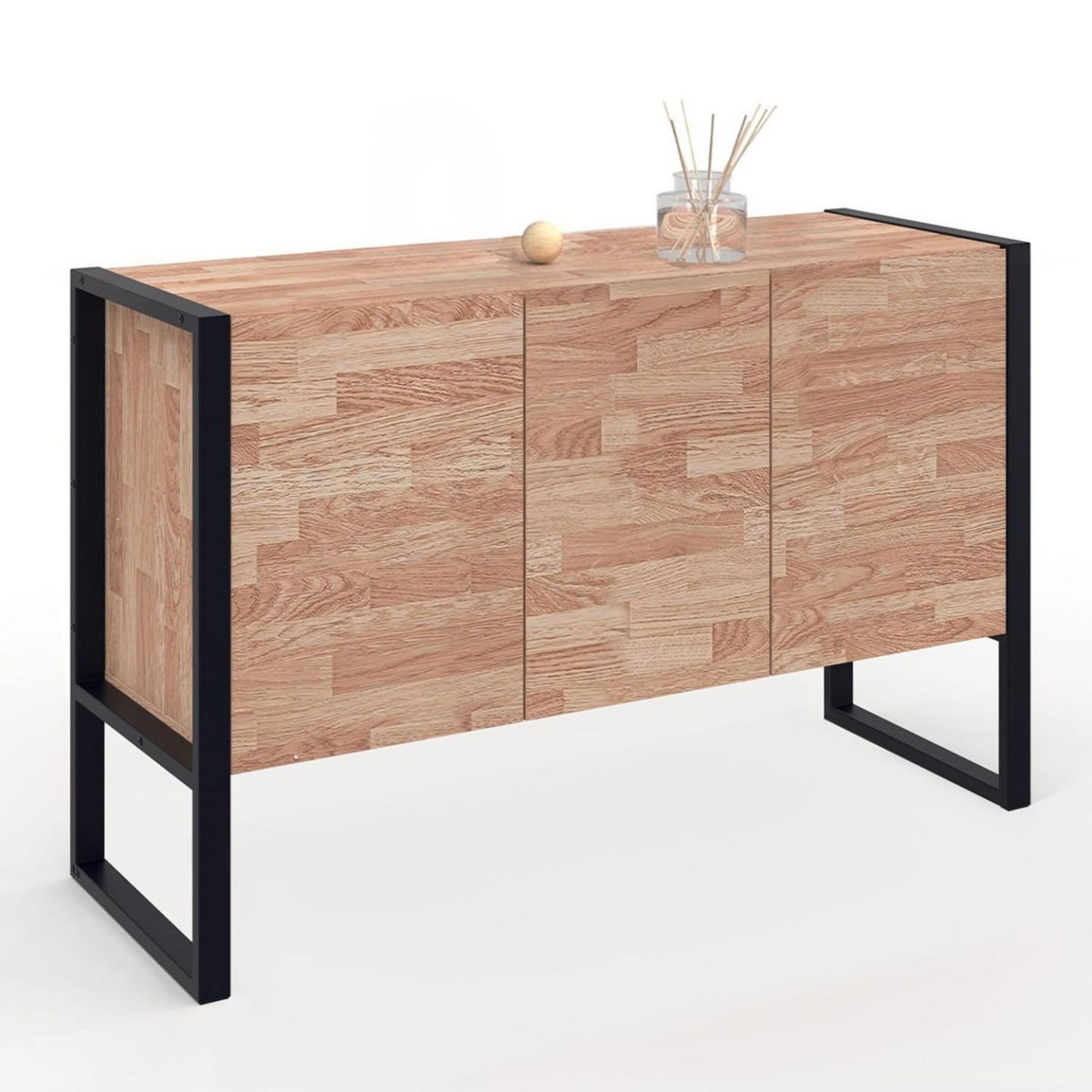 ID MARKET Buffet surélevé 110 cm OTTAWA 3 portes bois et noir design industriel